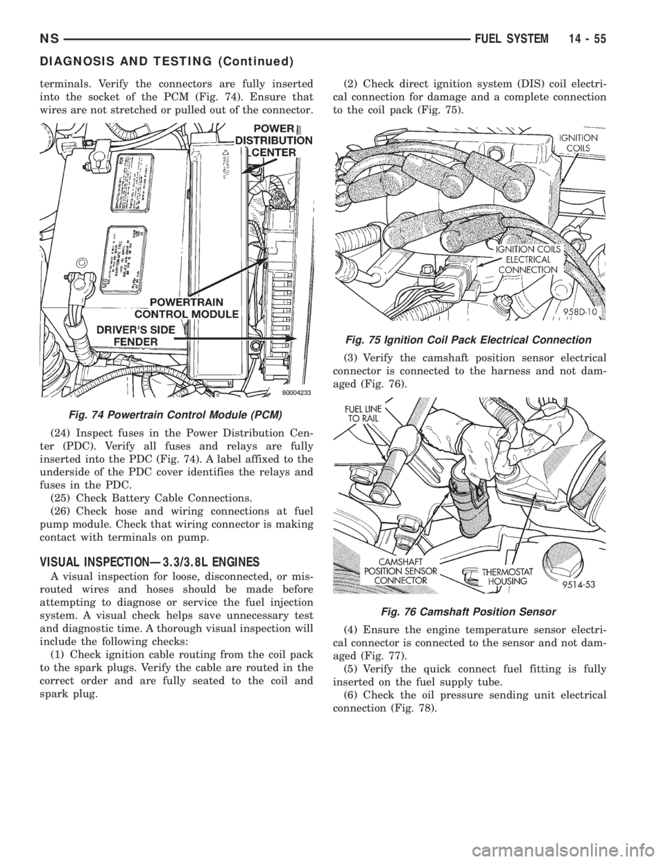 CHRYSLER VOYAGER 1996 Service Manual terminals. Verify the connectors are fully inserted
into the socket of the PCM (Fig. 74). Ensure that
wires are not stretched or pulled out of the connector.
(24) Inspect fuses in the Power Distributi CHRYSLER VOYAGER 1996 Service Manual terminals. Verify the connectors are fully inserted
into the socket of the PCM (Fig. 74). Ensure that
wires are not stretched or pulled out of the connector.
(24) Inspect fuses in the Power Distributi