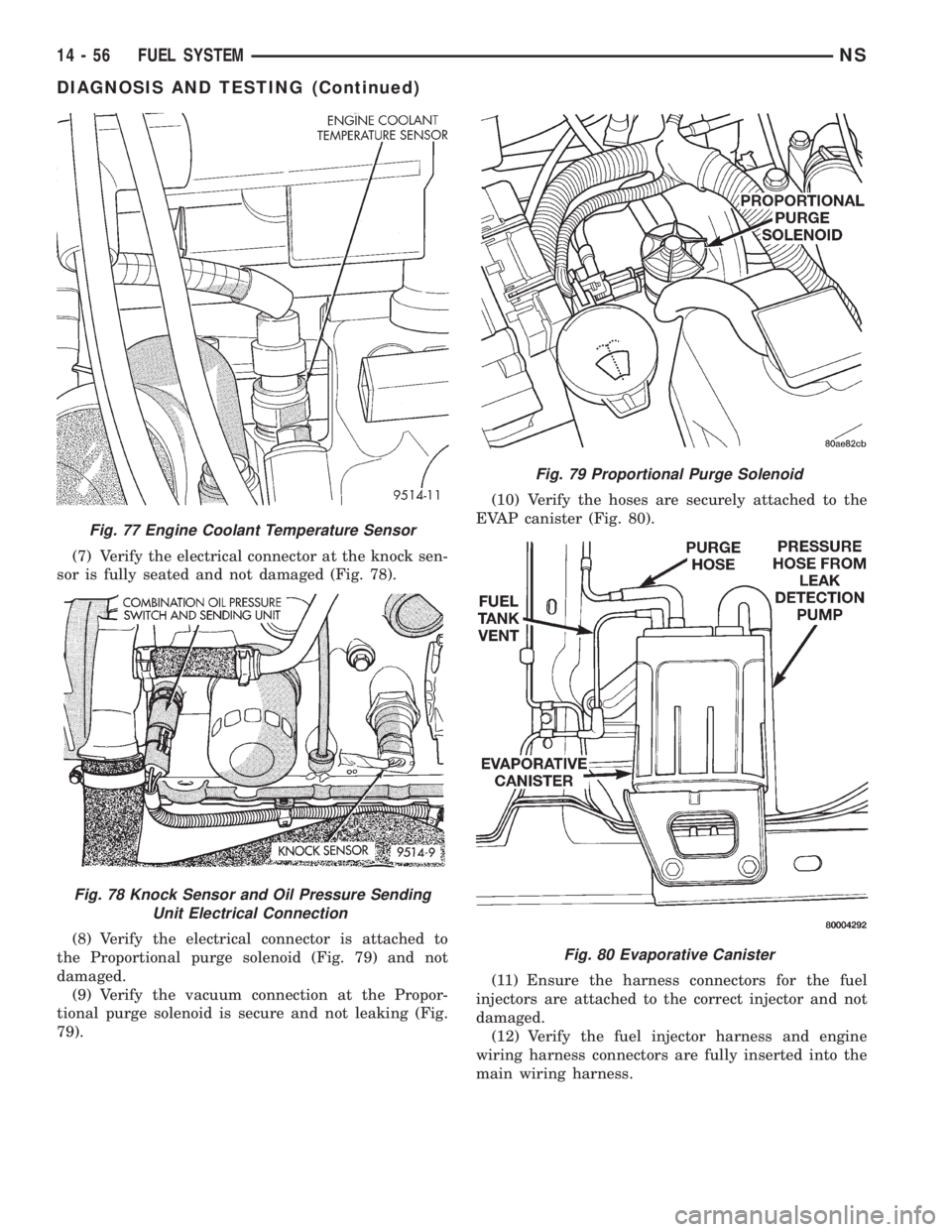 CHRYSLER VOYAGER 1996 Service Manual (7) Verify the electrical connector at the knock sen-
sor is fully seated and not damaged (Fig. 78).
(8) Verify the electrical connector is attached to
the Proportional purge solenoid (Fig. 79) and no CHRYSLER VOYAGER 1996 Service Manual (7) Verify the electrical connector at the knock sen-
sor is fully seated and not damaged (Fig. 78).
(8) Verify the electrical connector is attached to
the Proportional purge solenoid (Fig. 79) and no