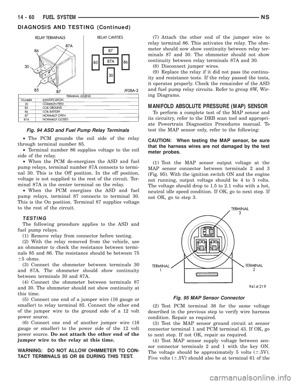 CHRYSLER VOYAGER 1996 Service Manual ²The PCM grounds the coil side of the relay
through terminal number 85.
²Terminal number 86 supplies voltage to the coil
side of the relay.
²When the PCM de-energizes the ASD and fuel
pump relays, CHRYSLER VOYAGER 1996 Service Manual ²The PCM grounds the coil side of the relay
through terminal number 85.
²Terminal number 86 supplies voltage to the coil
side of the relay.
²When the PCM de-energizes the ASD and fuel
pump relays,