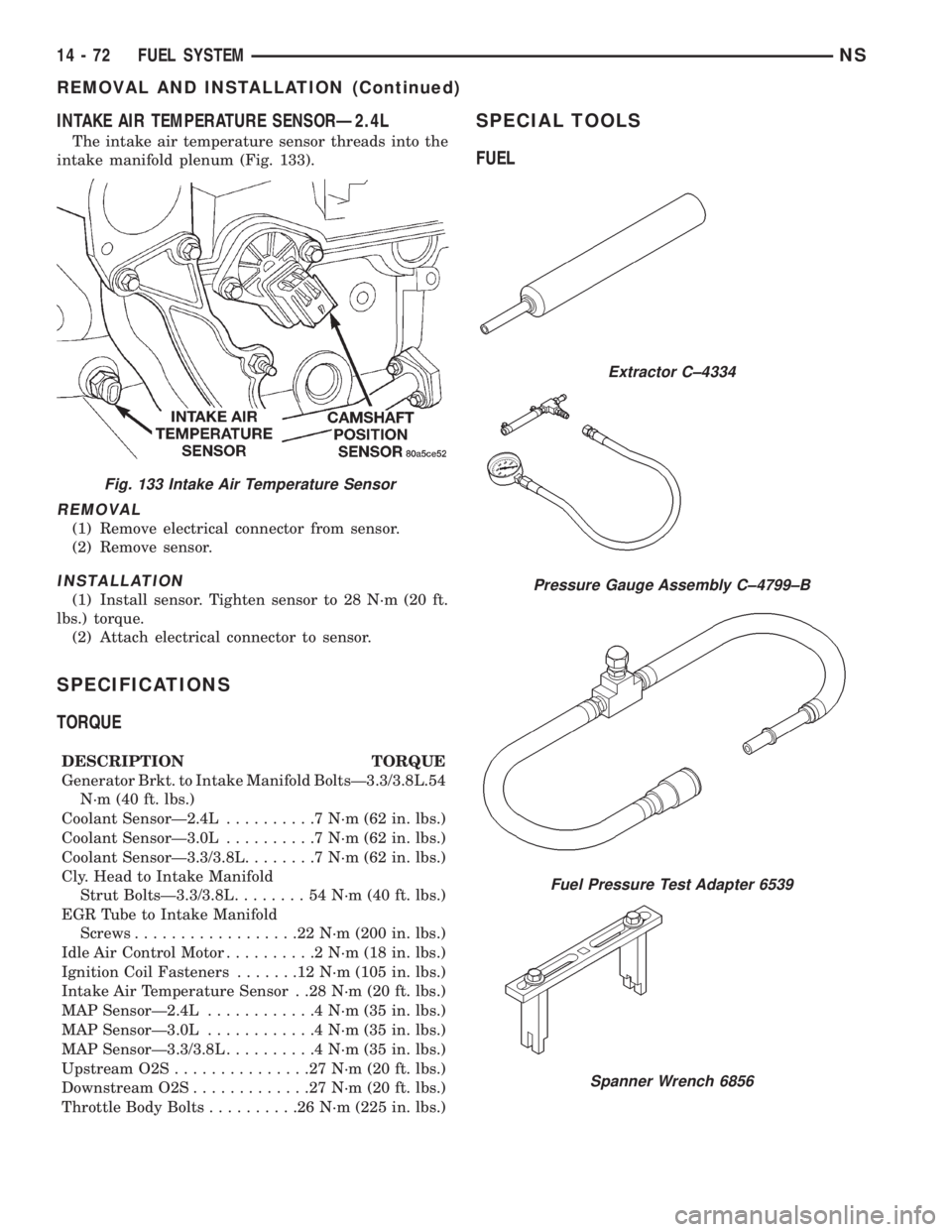 CHRYSLER VOYAGER 1996 Service Manual INTAKE AIR TEMPERATURE SENSORÐ2.4L
The intake air temperature sensor threads into the
intake manifold plenum (Fig. 133).
REMOVAL
(1) Remove electrical connector from sensor.
(2) Remove sensor.
INSTAL CHRYSLER VOYAGER 1996 Service Manual INTAKE AIR TEMPERATURE SENSORÐ2.4L
The intake air temperature sensor threads into the
intake manifold plenum (Fig. 133).
REMOVAL
(1) Remove electrical connector from sensor.
(2) Remove sensor.
INSTAL