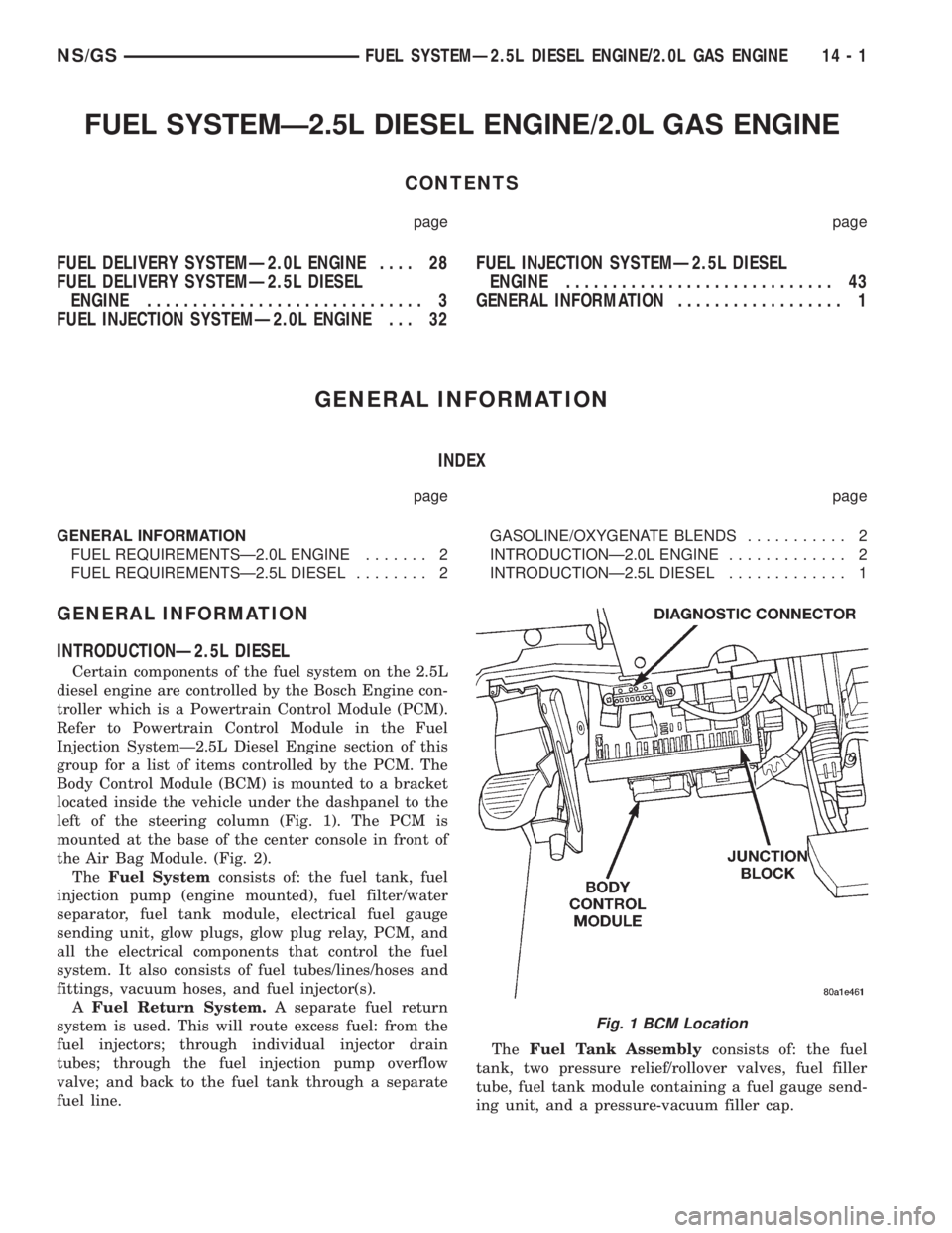 CHRYSLER VOYAGER 1996  Service Manual FUEL SYSTEMÐ2.5L DIESEL ENGINE/2.0L GAS ENGINE
CONTENTS
page page
FUEL DELIVERY SYSTEMÐ2.0L ENGINE.... 28
FUEL DELIVERY SYSTEMÐ2.5L DIESEL
ENGINE.............................. 3
FUEL INJECTION SYST