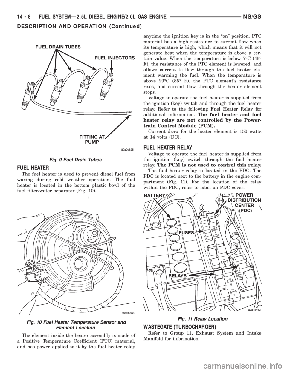 CHRYSLER VOYAGER 1996 Service Manual FUEL HEATER
The fuel heater is used to prevent diesel fuel from
waxing during cold weather operation. The fuel
heater is located in the bottom plastic bowl of the
fuel filter/water separator (Fig. 10) CHRYSLER VOYAGER 1996 Service Manual FUEL HEATER
The fuel heater is used to prevent diesel fuel from
waxing during cold weather operation. The fuel
heater is located in the bottom plastic bowl of the
fuel filter/water separator (Fig. 10)