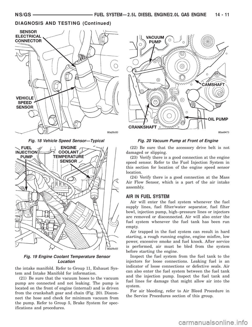 CHRYSLER VOYAGER 1996 Service Manual the intake manifold. Refer to Group 11, Exhaust Sys-
tem and Intake Manifold for information.
(21) Be sure that the vacuum hoses to the vacuum
pump are connected and not leaking. The pump is
located o CHRYSLER VOYAGER 1996 Service Manual the intake manifold. Refer to Group 11, Exhaust Sys-
tem and Intake Manifold for information.
(21) Be sure that the vacuum hoses to the vacuum
pump are connected and not leaking. The pump is
located o