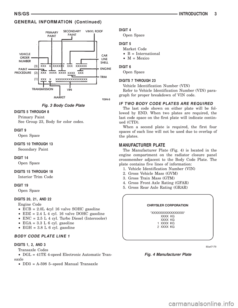 CHRYSLER VOYAGER 1996 Service Manual DIGITS 5 THROUGH 8
Primary Paint
See Group 23, Body for color codes.
DIGIT 9
Open Space
DIGITS 10 THROUGH 13
Secondary Paint
DIGIT 14
Open Space
DIGITS 15 THROUGH 18
Interior Trim Code
DIGIT 19
Open S CHRYSLER VOYAGER 1996 Service Manual DIGITS 5 THROUGH 8
Primary Paint
See Group 23, Body for color codes.
DIGIT 9
Open Space
DIGITS 10 THROUGH 13
Secondary Paint
DIGIT 14
Open Space
DIGITS 15 THROUGH 18
Interior Trim Code
DIGIT 19
Open S