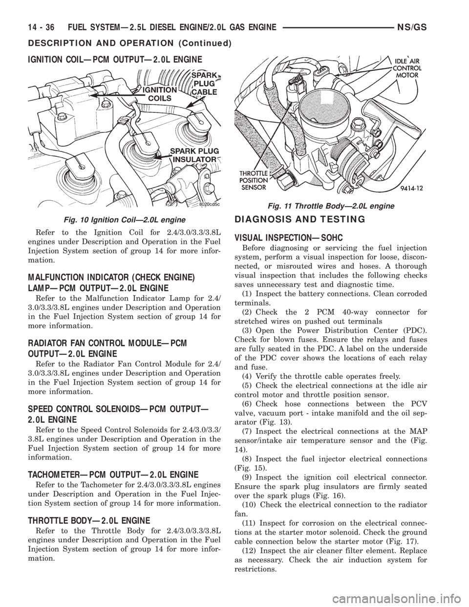 CHRYSLER VOYAGER 1996 Owners Manual IGNITION COILÐPCM OUTPUTÐ2.0L ENGINE
Refer to the Ignition Coil for 2.4/3.0/3.3/3.8L
engines under Description and Operation in the Fuel
Injection System section of group 14 for more infor-
mation.
CHRYSLER VOYAGER 1996 Owners Manual IGNITION COILÐPCM OUTPUTÐ2.0L ENGINE
Refer to the Ignition Coil for 2.4/3.0/3.3/3.8L
engines under Description and Operation in the Fuel
Injection System section of group 14 for more infor-
mation.