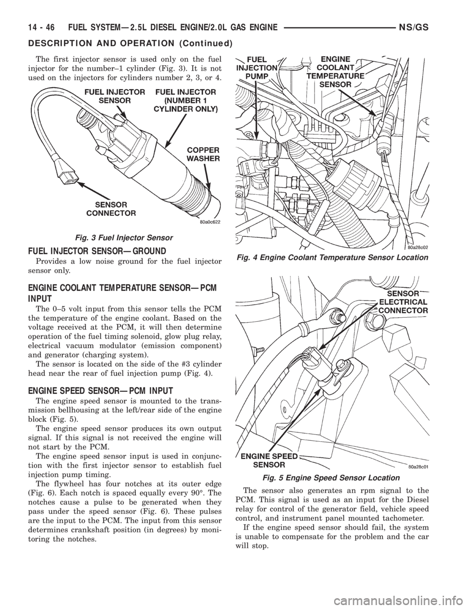 CHRYSLER VOYAGER 1996  Service Manual The first injector sensor is used only on the fuel
injector for the number±1 cylinder (Fig. 3). It is not
used on the injectors for cylinders number 2, 3, or 4.
FUEL INJECTOR SENSORÐGROUND
Provides 
