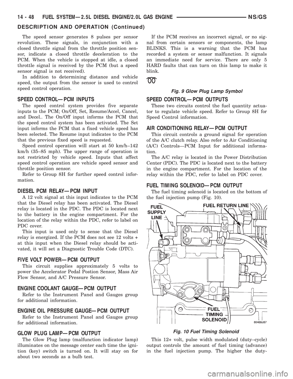 CHRYSLER VOYAGER 1996  Service Manual The speed sensor generates 8 pulses per sensor
revolution. These signals, in conjunction with a
closed throttle signal from the throttle position sen-
sor, indicate a closed throttle deceleration to t