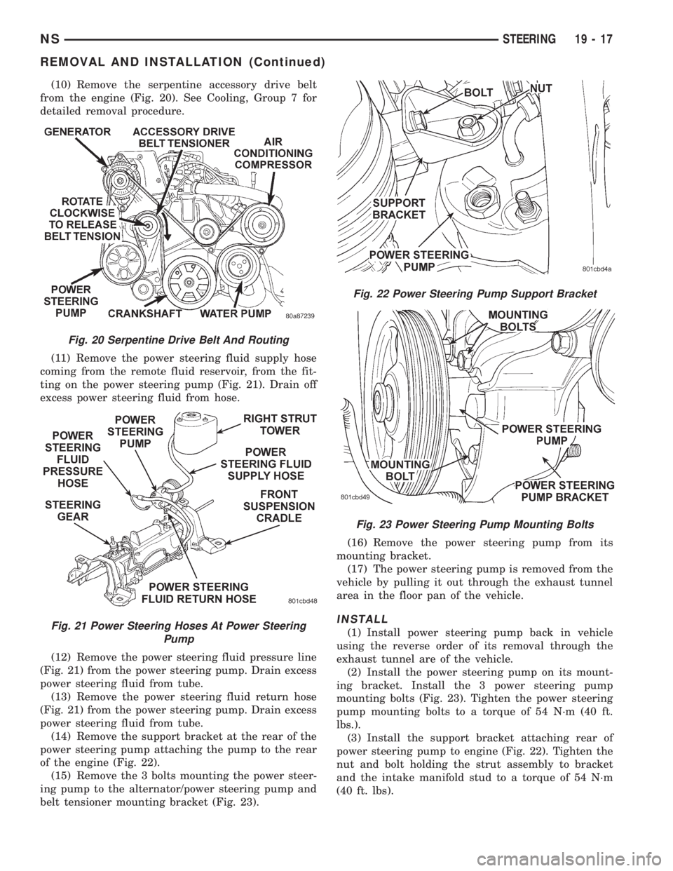 CHRYSLER VOYAGER 1996  Service Manual (10) Remove the serpentine accessory drive belt
from the engine (Fig. 20). See Cooling, Group 7 for
detailed removal procedure.
(11) Remove the power steering fluid supply hose
coming from the remote 
