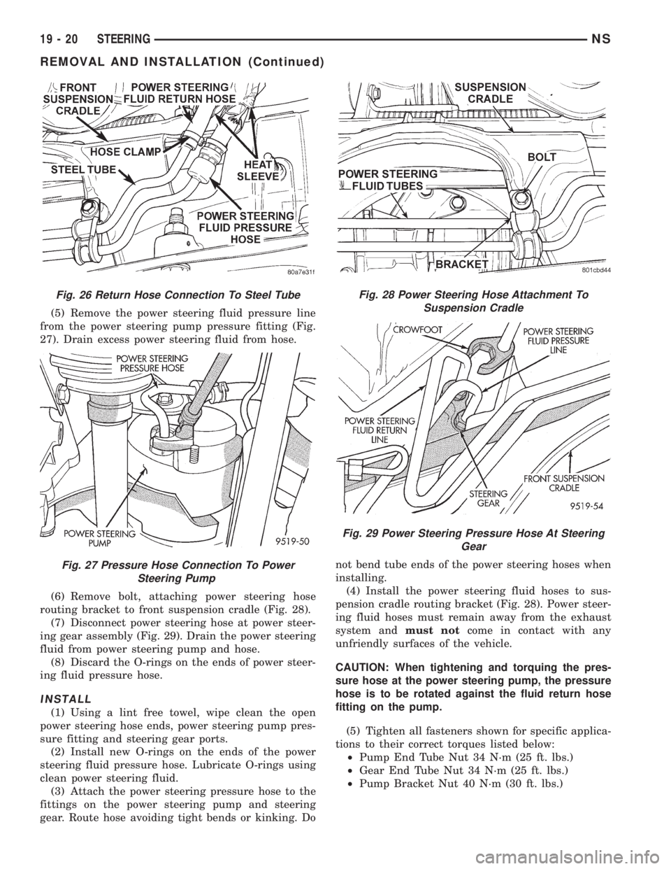 CHRYSLER VOYAGER 1996  Service Manual (5) Remove the power steering fluid pressure line
from the power steering pump pressure fitting (Fig.
27). Drain excess power steering fluid from hose.
(6) Remove bolt, attaching power steering hose
r