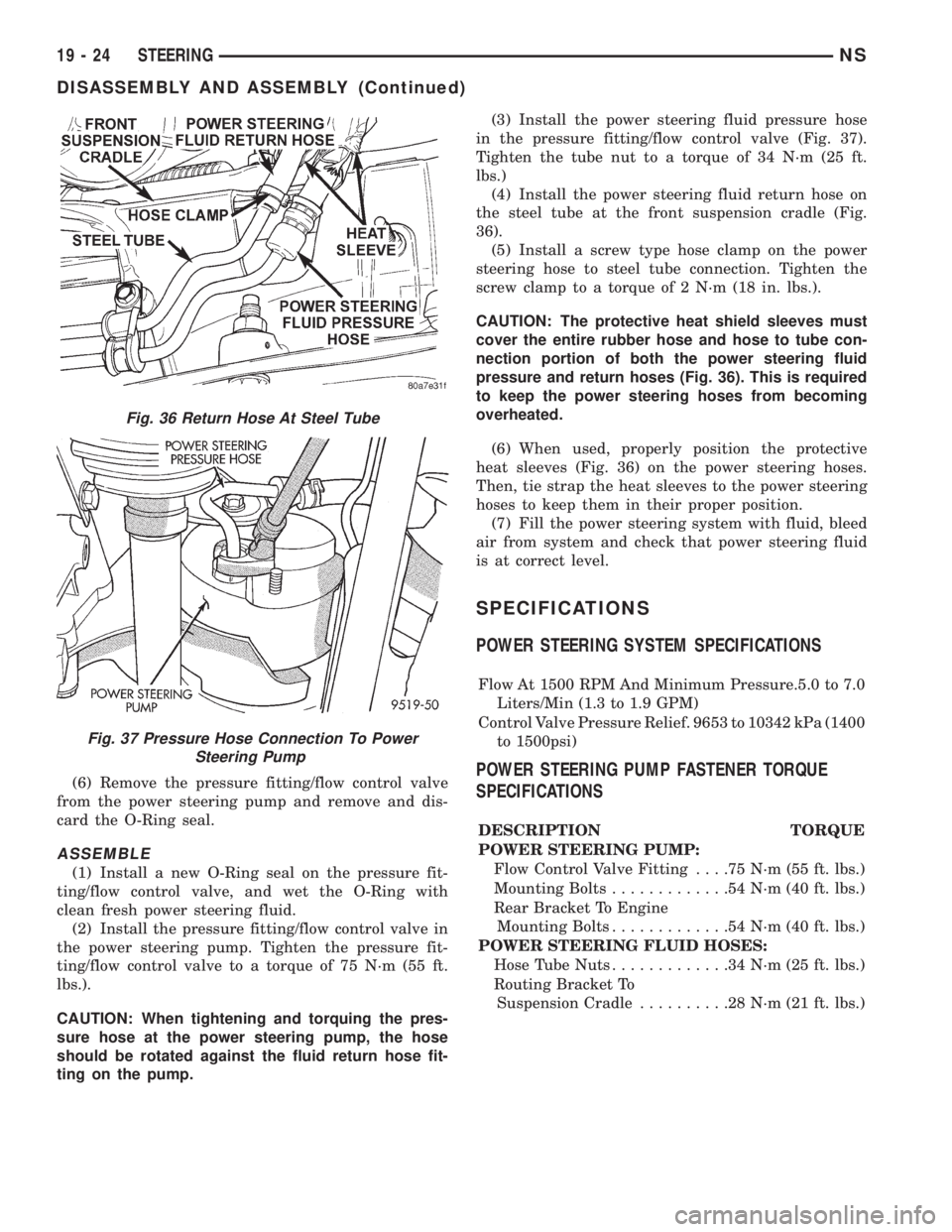 CHRYSLER VOYAGER 1996  Service Manual (6) Remove the pressure fitting/flow control valve
from the power steering pump and remove and dis-
card the O-Ring seal.
ASSEMBLE
(1) Install a new O-Ring seal on the pressure fit-
ting/flow control 