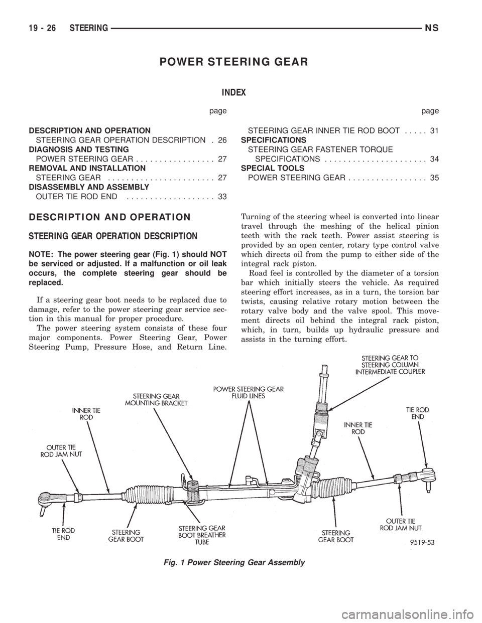 CHRYSLER VOYAGER 1996  Service Manual POWER STEERING GEAR
INDEX
page page
DESCRIPTION AND OPERATION
STEERING GEAR OPERATION DESCRIPTION . 26
DIAGNOSIS AND TESTING
POWER STEERING GEAR................. 27
REMOVAL AND INSTALLATION
STEERING G
