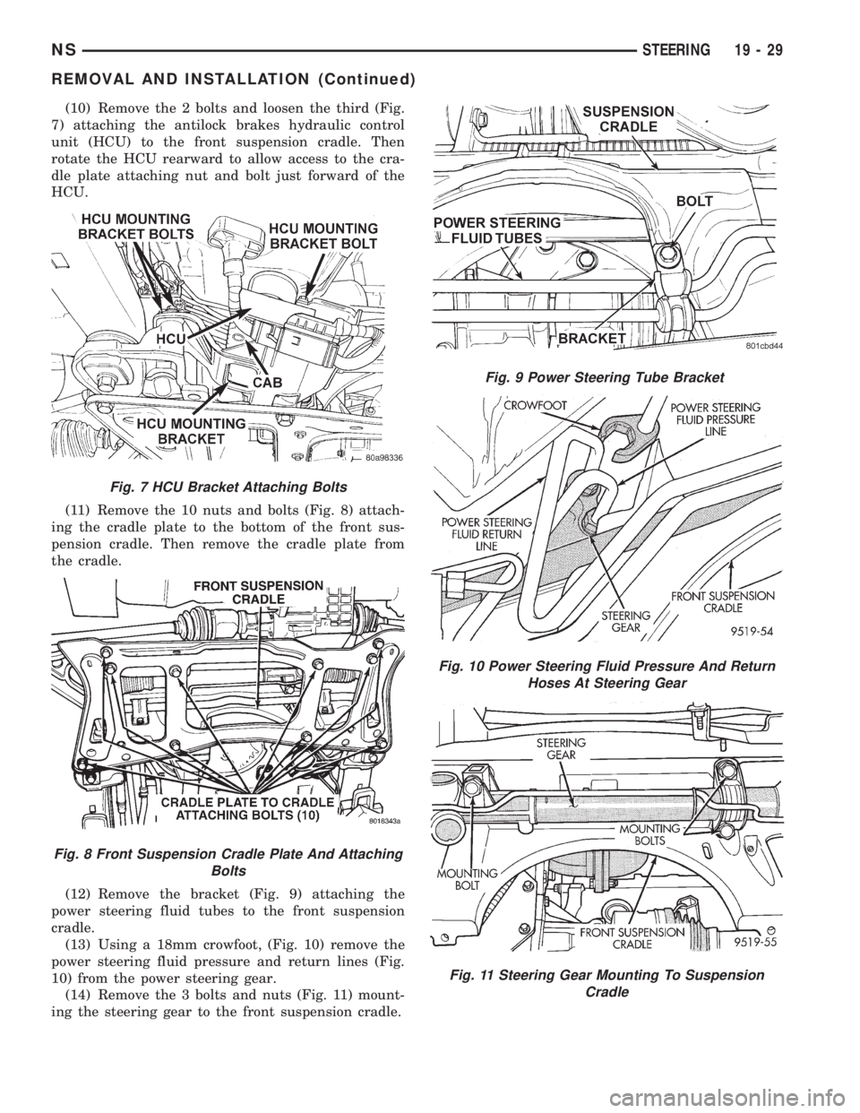 CHRYSLER VOYAGER 1996  Service Manual (10) Remove the 2 bolts and loosen the third (Fig.
7) attaching the antilock brakes hydraulic control
unit (HCU) to the front suspension cradle. Then
rotate the HCU rearward to allow access to the cra