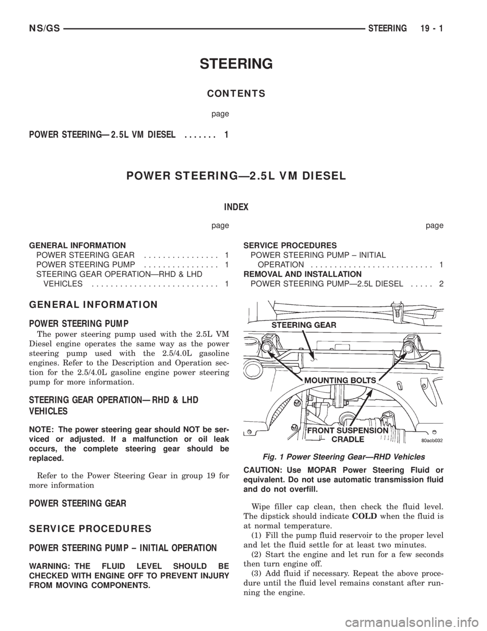CHRYSLER VOYAGER 1996  Service Manual STEERING
CONTENTS
page
POWER STEERINGÐ2.5L VM DIESEL....... 1
POWER STEERINGÐ2.5L VM DIESEL
INDEX
page page
GENERAL INFORMATION
POWER STEERING GEAR................ 1
POWER STEERING PUMP.............