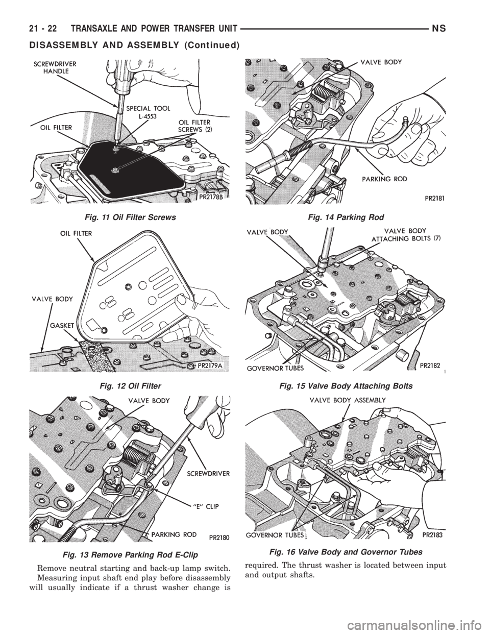 CHRYSLER VOYAGER 1996  Service Manual Remove neutral starting and back-up lamp switch.
Measuring input shaft end play before disassembly
will usually indicate if a thrust washer change isrequired. The thrust washer is located between inpu