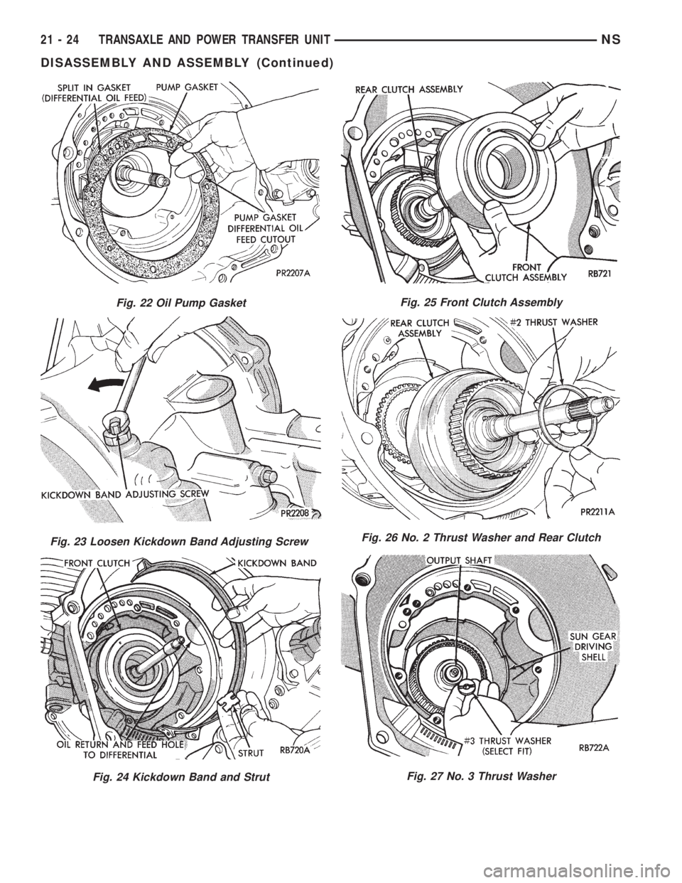 CHRYSLER VOYAGER 1996  Service Manual Fig. 22 Oil Pump Gasket
Fig. 23 Loosen Kickdown Band Adjusting Screw
Fig. 24 Kickdown Band and Strut
Fig. 25 Front Clutch Assembly
Fig. 26 No. 2 Thrust Washer and Rear Clutch
Fig. 27 No. 3 Thrust Wash
