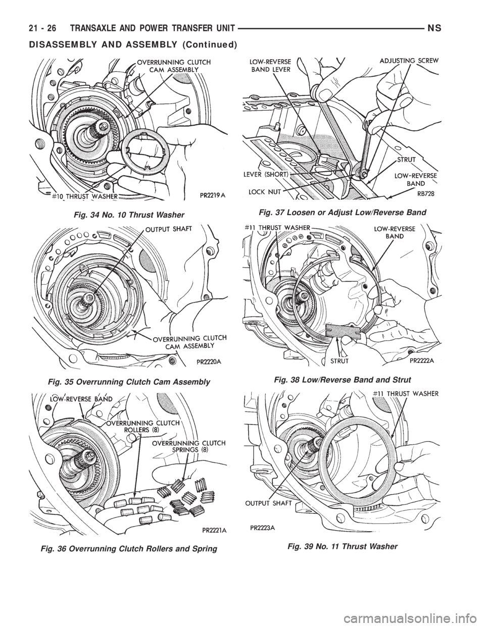CHRYSLER VOYAGER 1996  Service Manual Fig. 34 No. 10 Thrust Washer
Fig. 35 Overrunning Clutch Cam Assembly
Fig. 36 Overrunning Clutch Rollers and Spring
Fig. 37 Loosen or Adjust Low/Reverse Band
Fig. 38 Low/Reverse Band and Strut
Fig. 39 