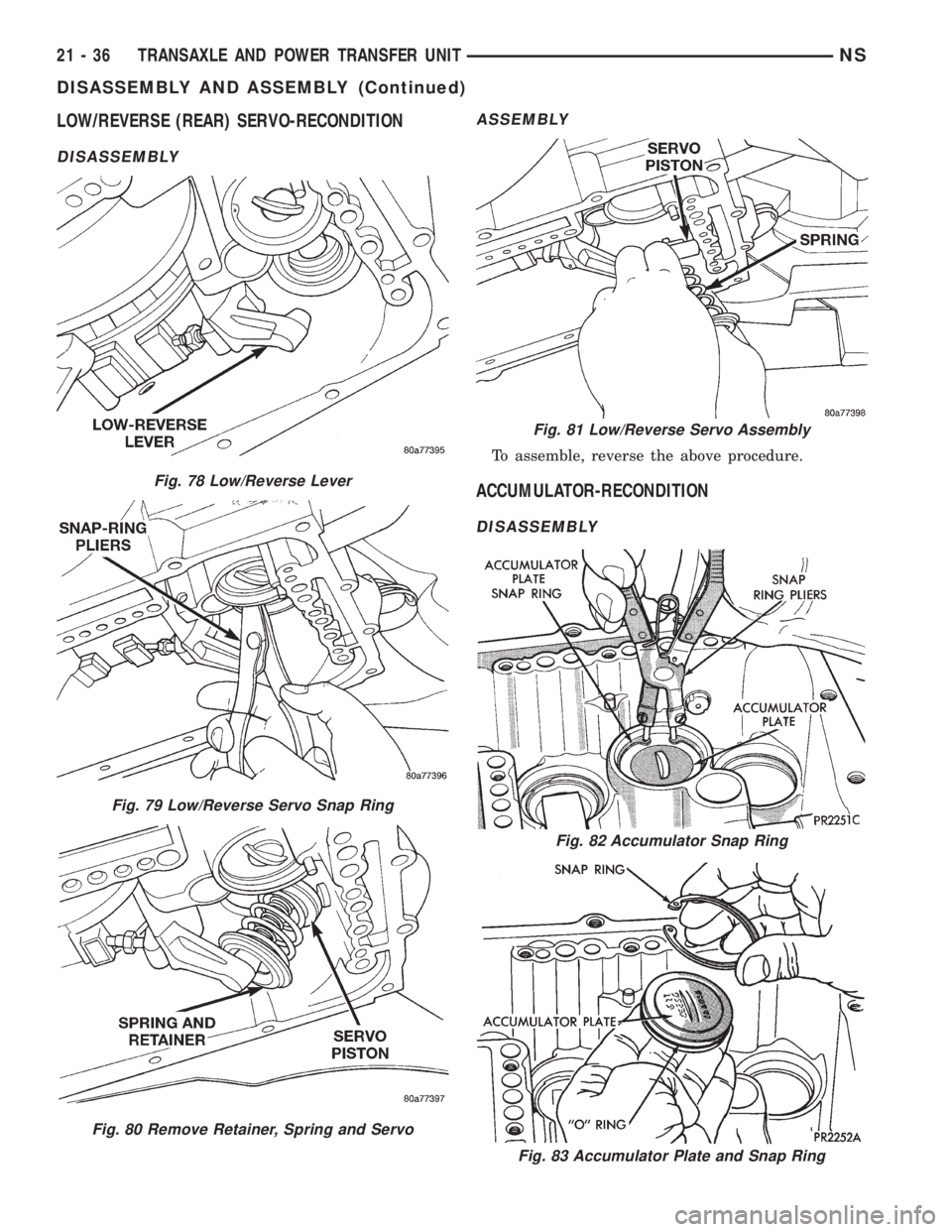 CHRYSLER VOYAGER 1996  Service Manual LOW/REVERSE (REAR) SERVO-RECONDITION
DISASSEMBLYASSEMBLY
To assemble, reverse the above procedure.
ACCUMULATOR-RECONDITION
DISASSEMBLY
Fig. 78 Low/Reverse Lever
Fig. 79 Low/Reverse Servo Snap Ring
Fig
