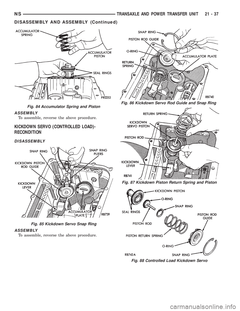CHRYSLER VOYAGER 1996  Service Manual ASSEMBLY
To assemble, reverse the above procedure.
KICKDOWN SERVO (CONTROLLED LOAD)-
RECONDITION
DISASSEMBLY
ASSEMBLY
To assemble, reverse the above procedure.
Fig. 84 Accumulator Spring and Piston
Fi