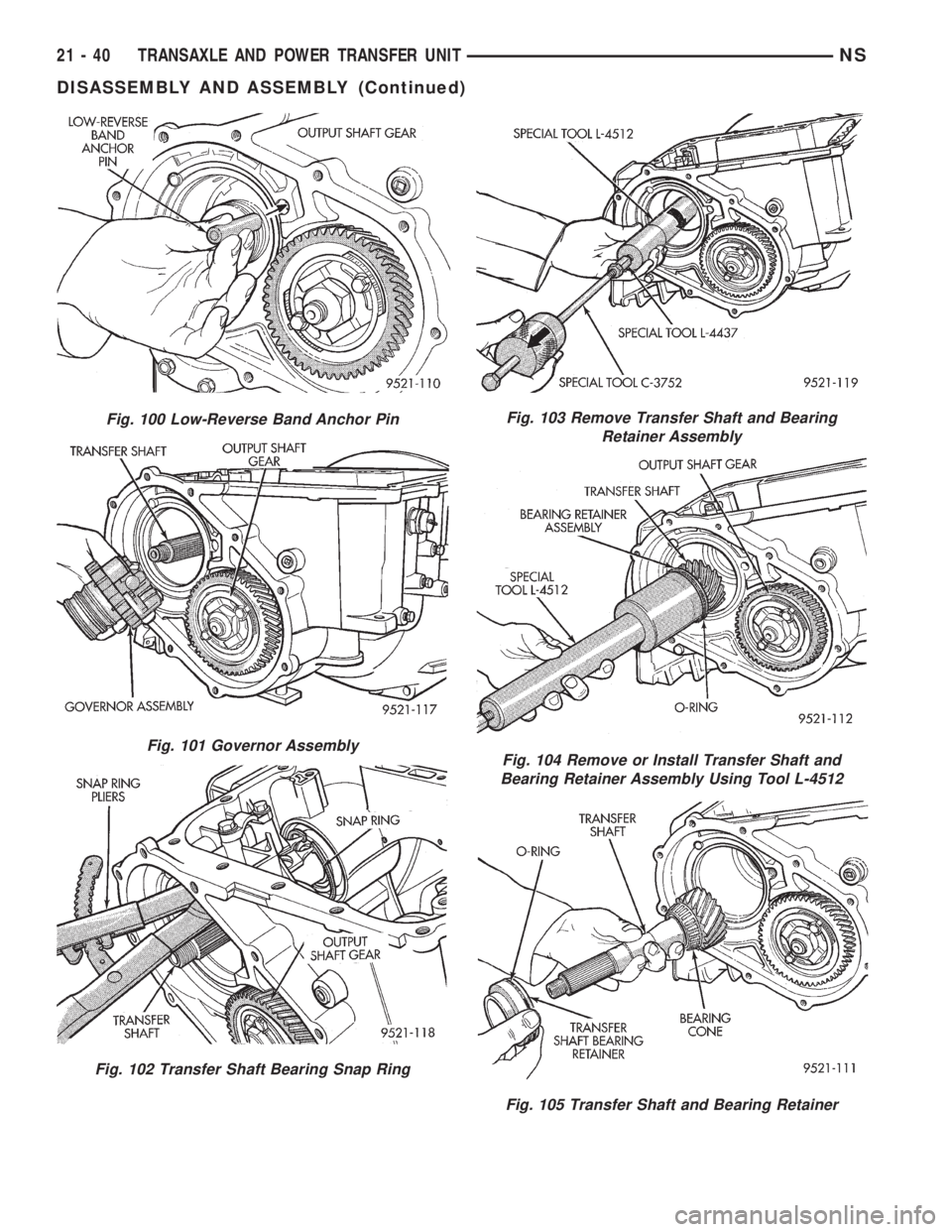 CHRYSLER VOYAGER 1996  Service Manual Fig. 100 Low-Reverse Band Anchor Pin
Fig. 101 Governor Assembly
Fig. 102 Transfer Shaft Bearing Snap Ring
Fig. 103 Remove Transfer Shaft and Bearing
Retainer Assembly
Fig. 104 Remove or Install Transf