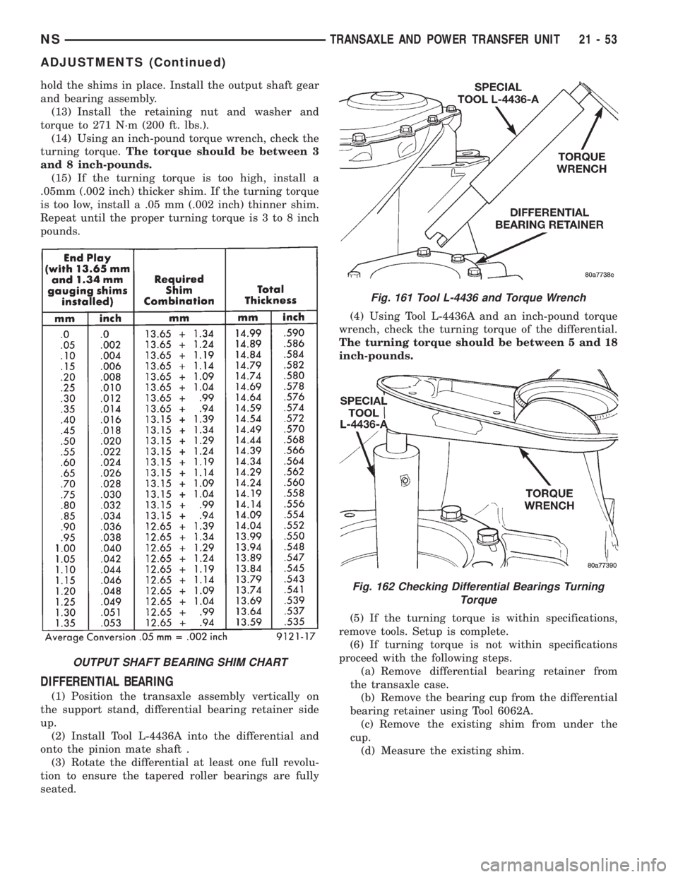 CHRYSLER VOYAGER 1996 Service Manual hold the shims in place. Install the output shaft gear
and bearing assembly.
(13) Install the retaining nut and washer and
torque to 271 N´m (200 ft. lbs.).
(14) Using an inch-pound torque wrench, ch CHRYSLER VOYAGER 1996 Service Manual hold the shims in place. Install the output shaft gear
and bearing assembly.
(13) Install the retaining nut and washer and
torque to 271 N´m (200 ft. lbs.).
(14) Using an inch-pound torque wrench, ch