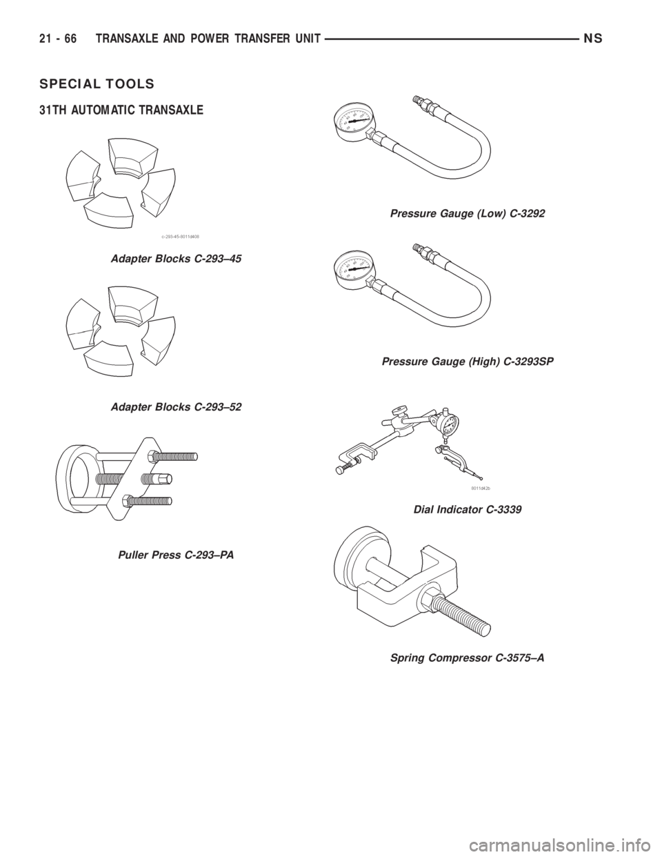 CHRYSLER VOYAGER 1996 Service Manual SPECIAL TOOLS
31TH AUTOMATIC TRANSAXLE
Adapter Blocks C-293±45
Adapter Blocks C-293±52
Puller Press C-293±PA
Pressure Gauge (Low) C-3292
Pressure Gauge (High) C-3293SP
Dial Indicator C-3339
Spring CHRYSLER VOYAGER 1996 Service Manual SPECIAL TOOLS
31TH AUTOMATIC TRANSAXLE
Adapter Blocks C-293±45
Adapter Blocks C-293±52
Puller Press C-293±PA
Pressure Gauge (Low) C-3292
Pressure Gauge (High) C-3293SP
Dial Indicator C-3339
Spring