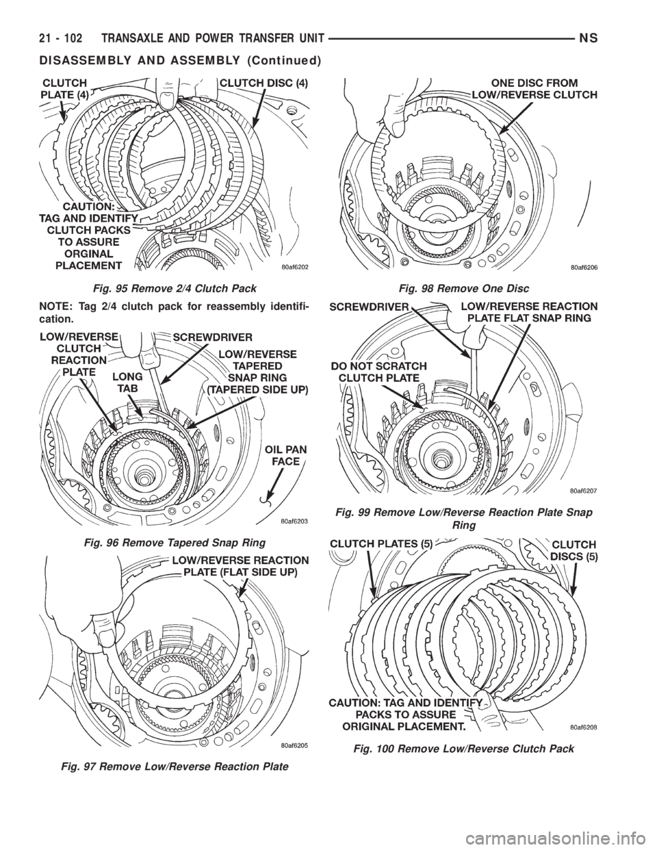 CHRYSLER VOYAGER 1996  Service Manual NOTE: Tag 2/4 clutch pack for reassembly identifi-
cation.
Fig. 95 Remove 2/4 Clutch Pack
Fig. 96 Remove Tapered Snap Ring
Fig. 97 Remove Low/Reverse Reaction Plate
Fig. 98 Remove One Disc
Fig. 99 Rem