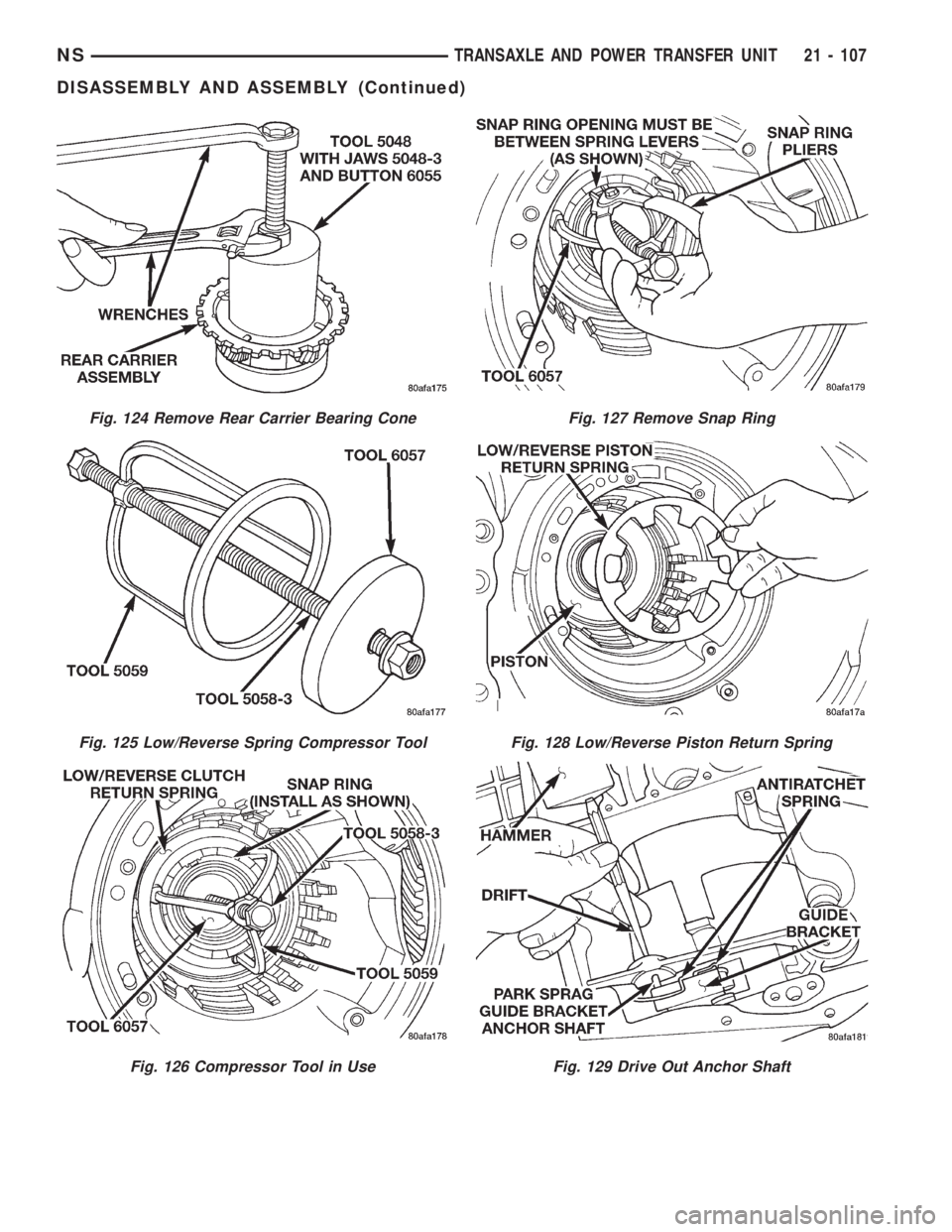 CHRYSLER VOYAGER 1996  Service Manual Fig. 124 Remove Rear Carrier Bearing Cone
Fig. 125 Low/Reverse Spring Compressor Tool
Fig. 126 Compressor Tool in Use
Fig. 127 Remove Snap Ring
Fig. 128 Low/Reverse Piston Return Spring
Fig. 129 Drive
