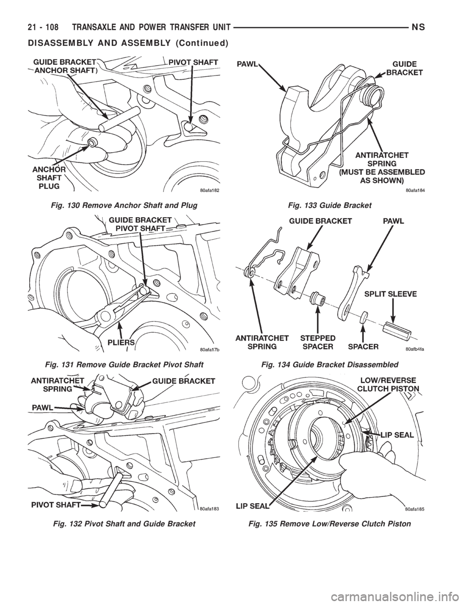 CHRYSLER VOYAGER 1996  Service Manual Fig. 130 Remove Anchor Shaft and Plug
Fig. 131 Remove Guide Bracket Pivot Shaft
Fig. 132 Pivot Shaft and Guide Bracket
Fig. 133 Guide Bracket
Fig. 134 Guide Bracket Disassembled
Fig. 135 Remove Low/Re