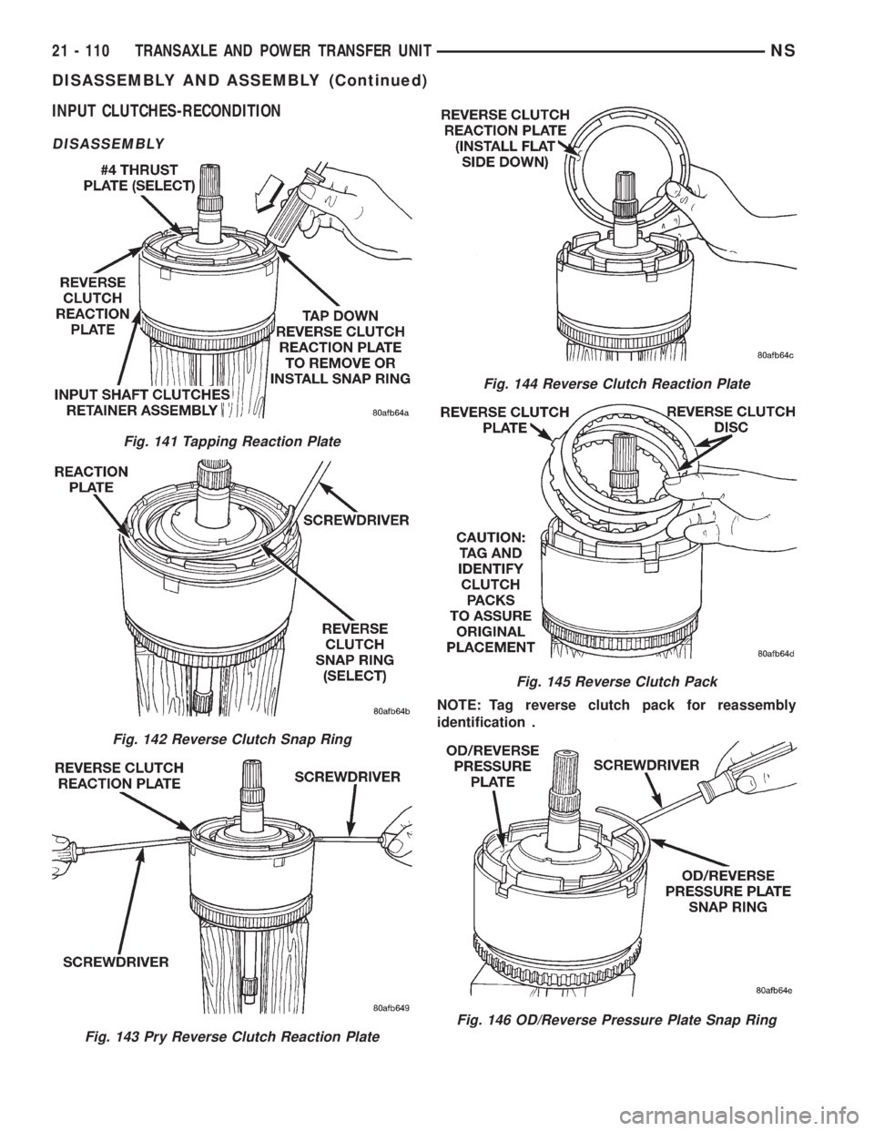 CHRYSLER VOYAGER 1996  Service Manual INPUT CLUTCHES-RECONDITION
DISASSEMBLY
NOTE: Tag reverse clutch pack for reassembly
identification .
Fig. 141 Tapping Reaction Plate
Fig. 142 Reverse Clutch Snap Ring
Fig. 143 Pry Reverse Clutch React