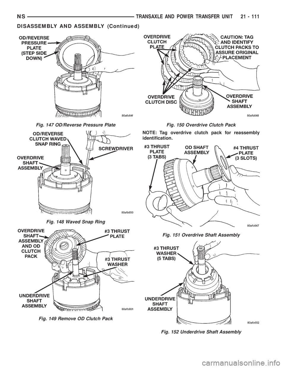 CHRYSLER VOYAGER 1996  Service Manual NOTE: Tag overdrive clutch pack for reassembly
identification.
Fig. 147 OD/Reverse Pressure Plate
Fig. 148 Waved Snap Ring
Fig. 149 Remove OD Clutch Pack
Fig. 150 Overdrive Clutch Pack
Fig. 151 Overdr