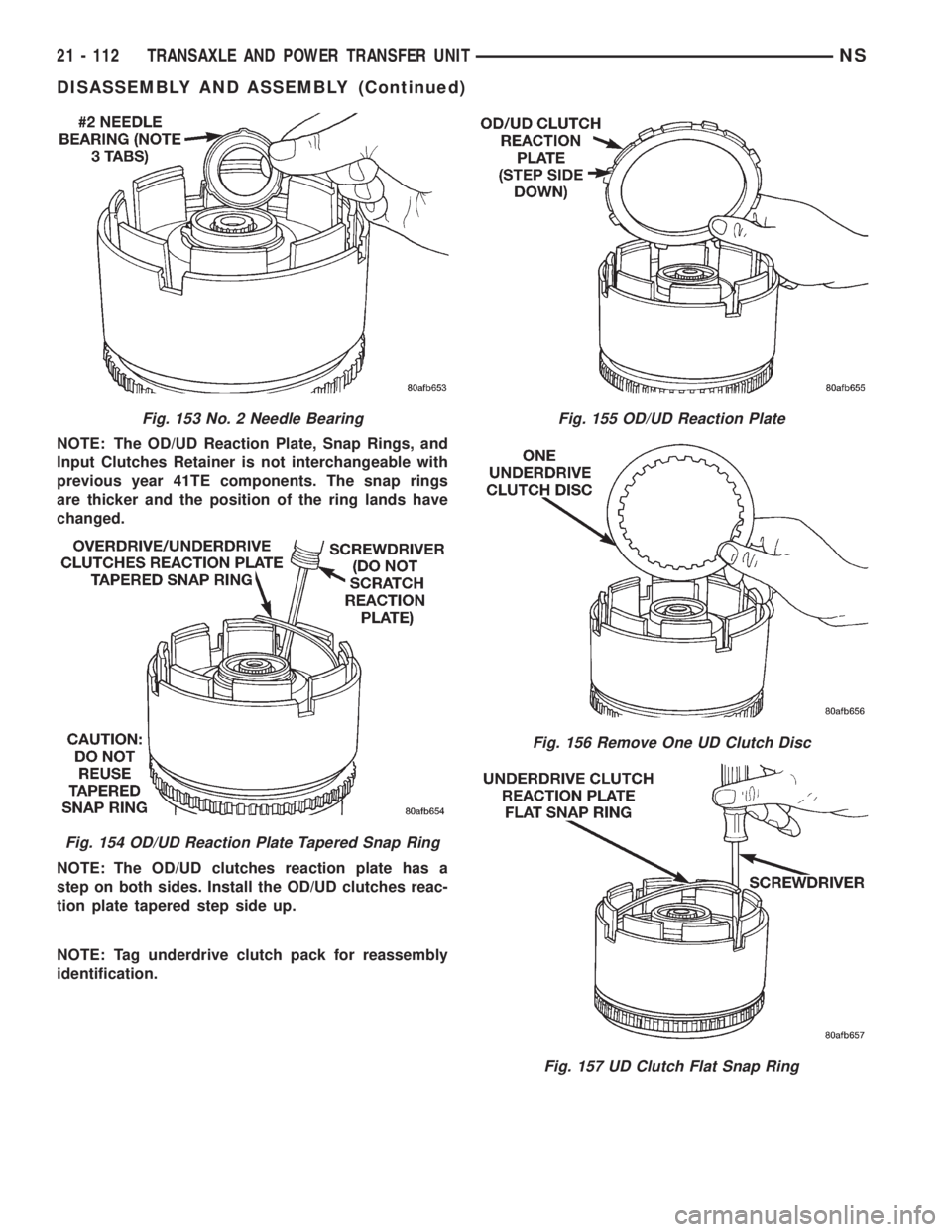 CHRYSLER VOYAGER 1996  Service Manual NOTE: The OD/UD Reaction Plate, Snap Rings, and
Input Clutches Retainer is not interchangeable with
previous year 41TE components. The snap rings
are thicker and the position of the ring lands have
ch