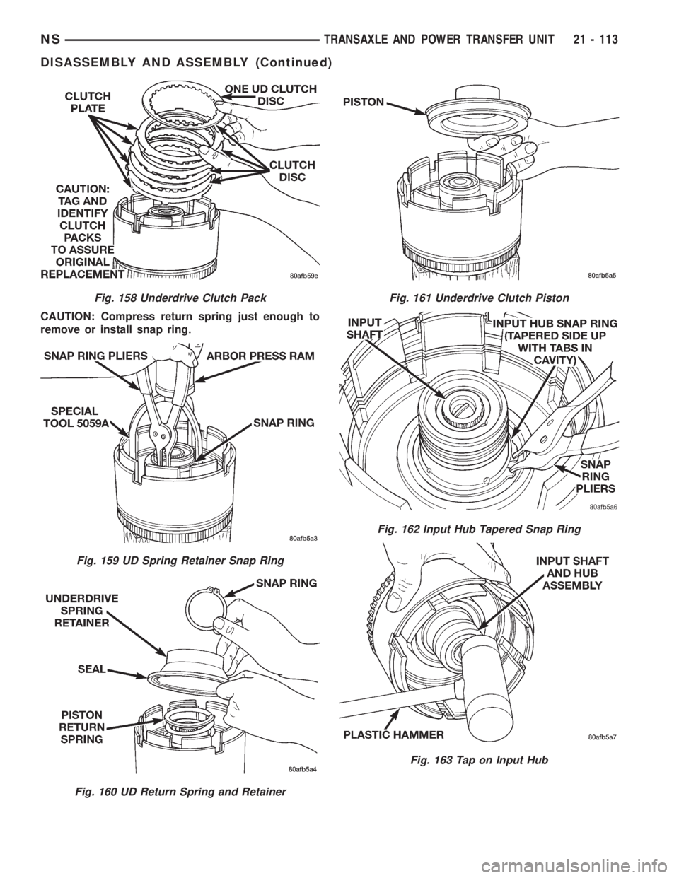 CHRYSLER VOYAGER 1996  Service Manual CAUTION: Compress return spring just enough to
remove or install snap ring.
Fig. 158 Underdrive Clutch Pack
Fig. 159 UD Spring Retainer Snap Ring
Fig. 160 UD Return Spring and Retainer
Fig. 161 Underd