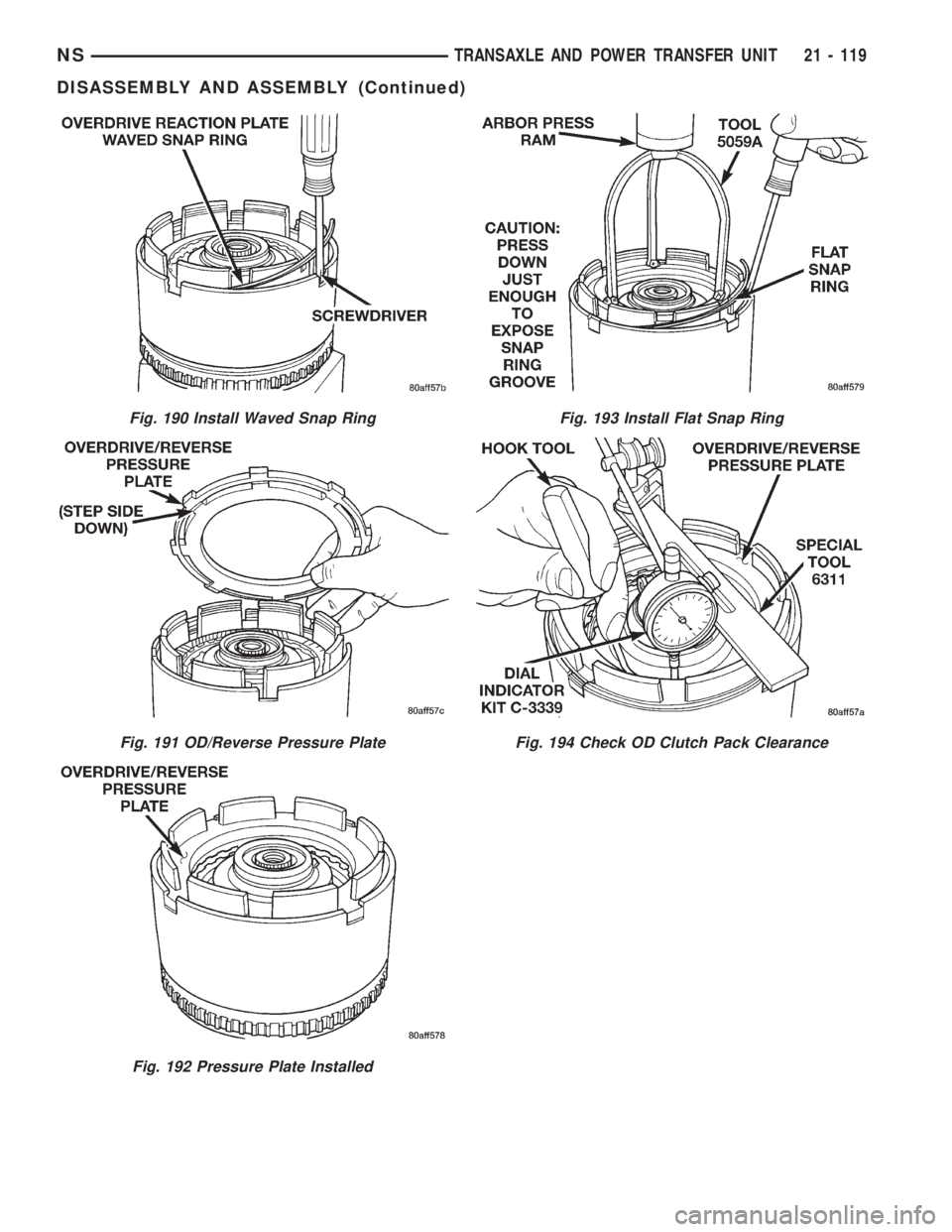 CHRYSLER VOYAGER 1996  Service Manual Fig. 190 Install Waved Snap Ring
Fig. 191 OD/Reverse Pressure Plate
Fig. 192 Pressure Plate Installed
Fig. 193 Install Flat Snap Ring
Fig. 194 Check OD Clutch Pack Clearance
NSTRANSAXLE AND POWER TRAN