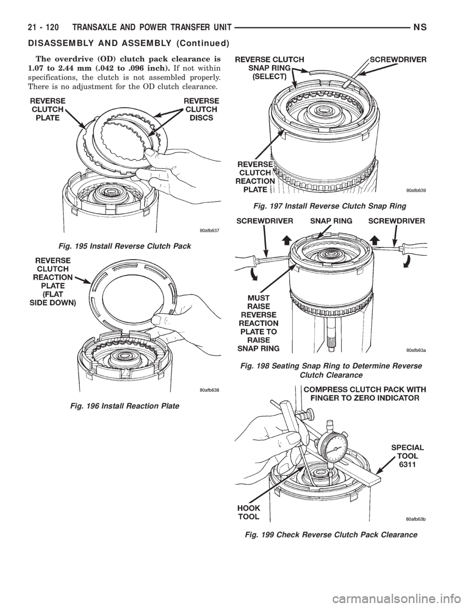 CHRYSLER VOYAGER 1996  Service Manual The overdrive (OD) clutch pack clearance is
1.07 to 2.44 mm (.042 to .096 inch).If not within
specifications, the clutch is not assembled properly.
There is no adjustment for the OD clutch clearance.
