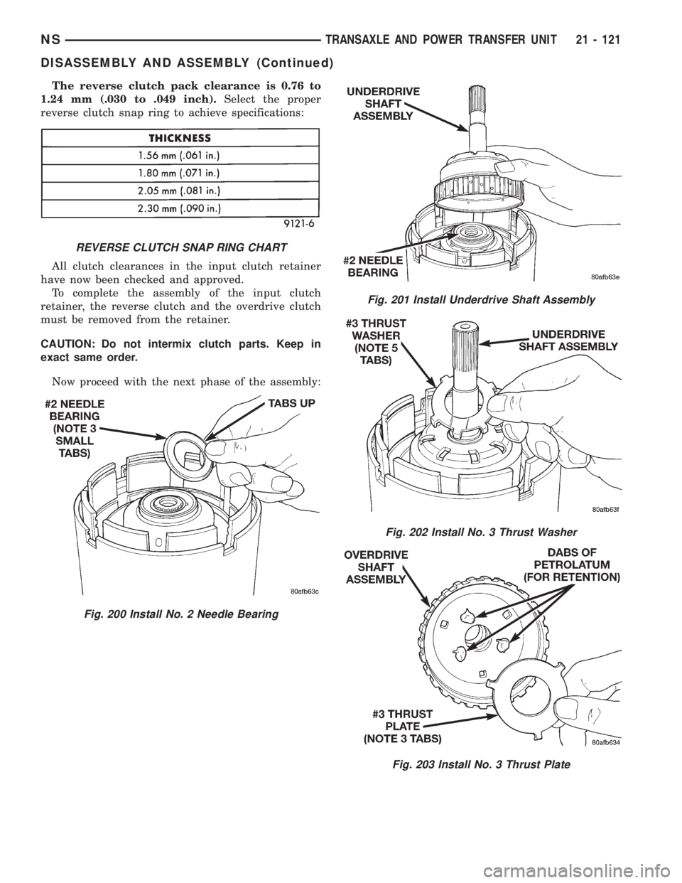 CHRYSLER VOYAGER 1996  Service Manual The reverse clutch pack clearance is 0.76 to
1.24 mm (.030 to .049 inch).Select the proper
reverse clutch snap ring to achieve specifications:
All clutch clearances in the input clutch retainer
have n