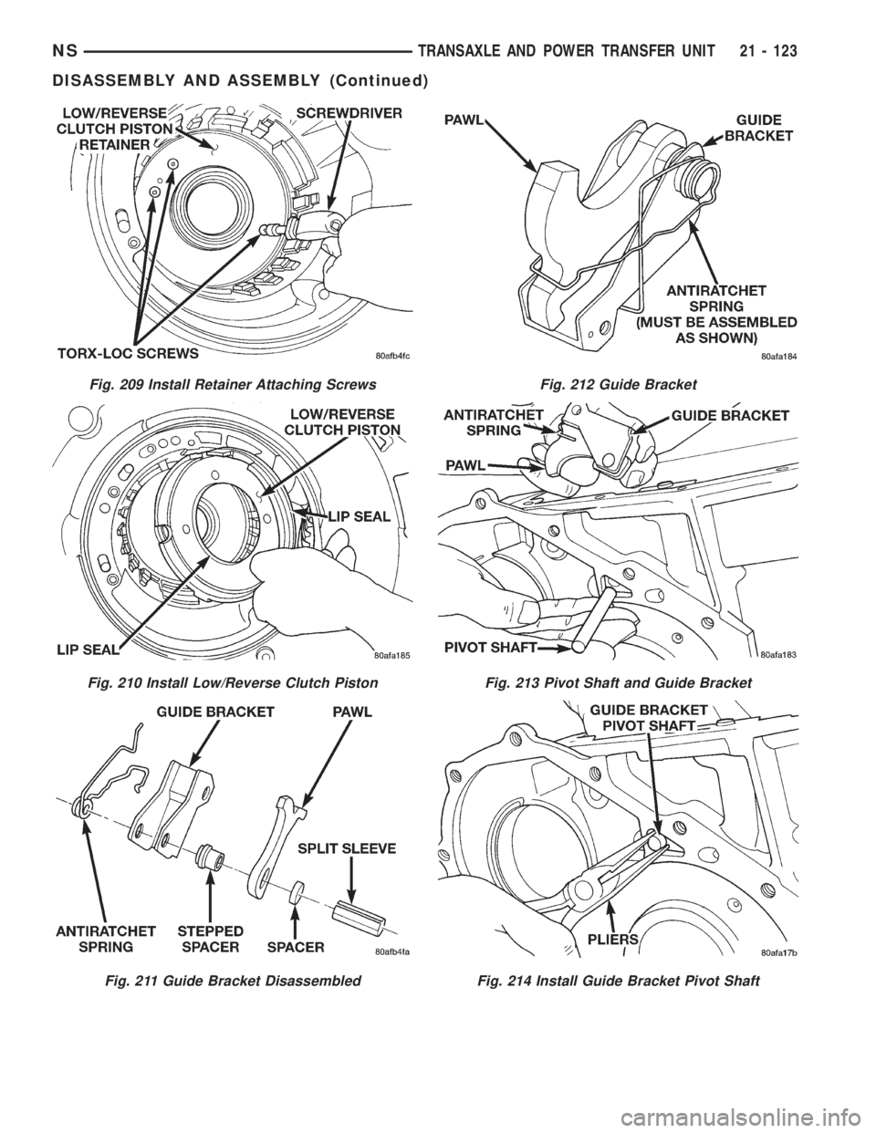 CHRYSLER VOYAGER 1996  Service Manual Fig. 209 Install Retainer Attaching Screws
Fig. 210 Install Low/Reverse Clutch Piston
Fig. 211 Guide Bracket Disassembled
Fig. 212 Guide Bracket
Fig. 213 Pivot Shaft and Guide Bracket
Fig. 214 Install
