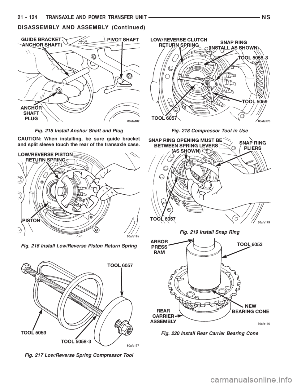 CHRYSLER VOYAGER 1996  Service Manual CAUTION: When installing, be sure guide bracket
and split sleeve touch the rear of the transaxle case.
Fig. 215 Install Anchor Shaft and Plug
Fig. 216 Install Low/Reverse Piston Return Spring
Fig. 217