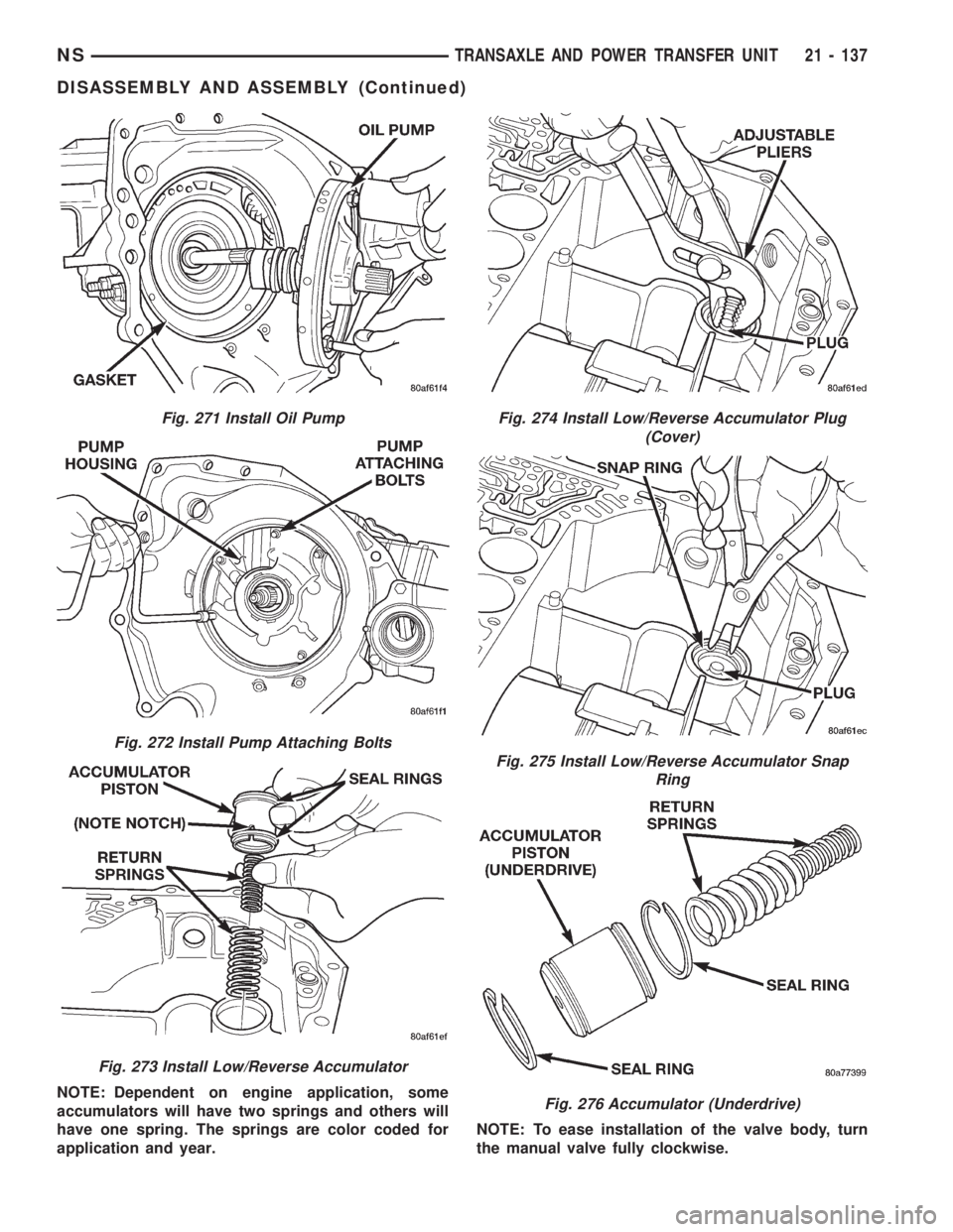 CHRYSLER VOYAGER 1996 Service Manual NOTE: Dependent on engine application, some
accumulators will have two springs and others will
have one spring. The springs are color coded for
application and year.NOTE: To ease installation of the v CHRYSLER VOYAGER 1996 Service Manual NOTE: Dependent on engine application, some
accumulators will have two springs and others will
have one spring. The springs are color coded for
application and year.NOTE: To ease installation of the v