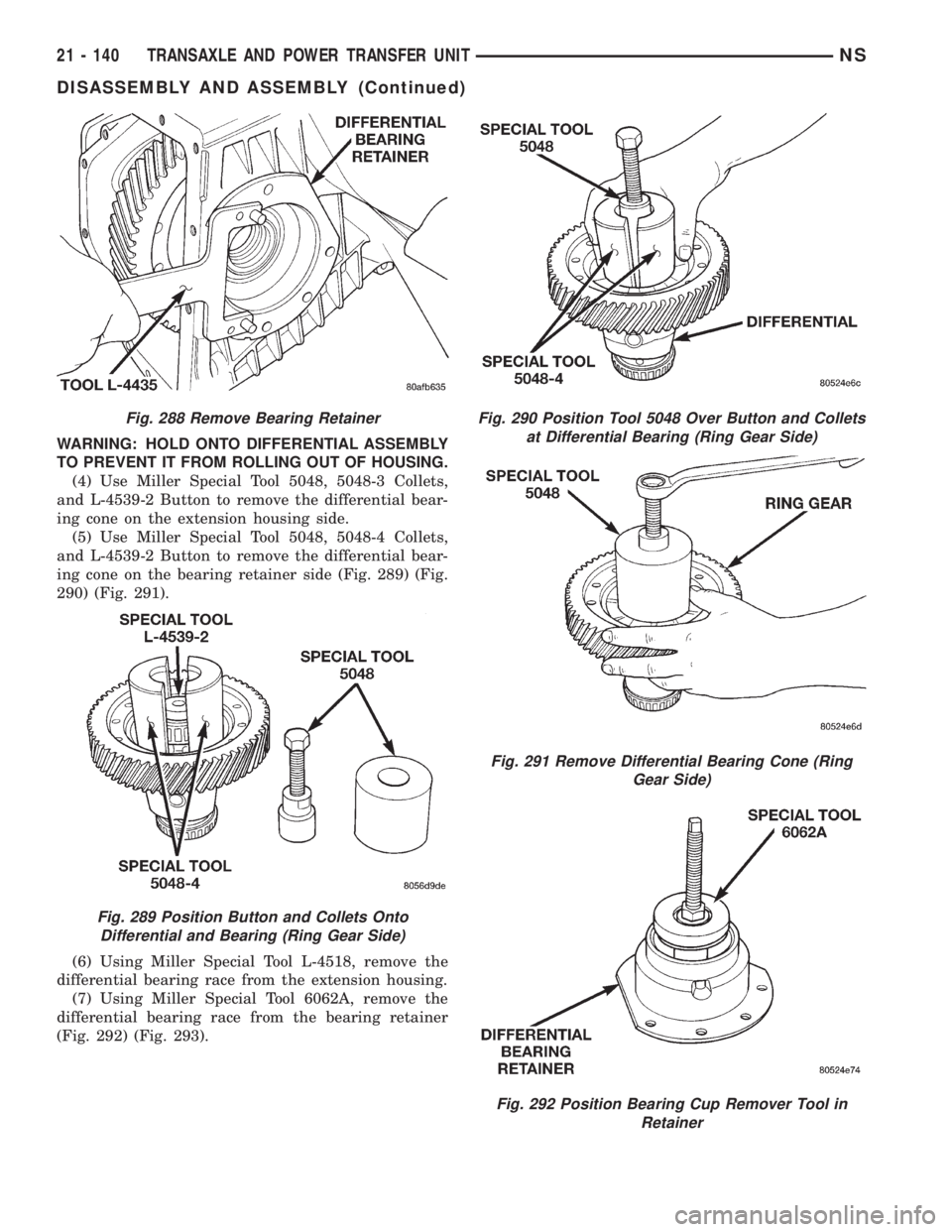 CHRYSLER VOYAGER 1996  Service Manual WARNING: HOLD ONTO DIFFERENTIAL ASSEMBLY
TO PREVENT IT FROM ROLLING OUT OF HOUSING.
(4) Use Miller Special Tool 5048, 5048-3 Collets,
and L-4539-2 Button to remove the differential bear-
ing cone on t