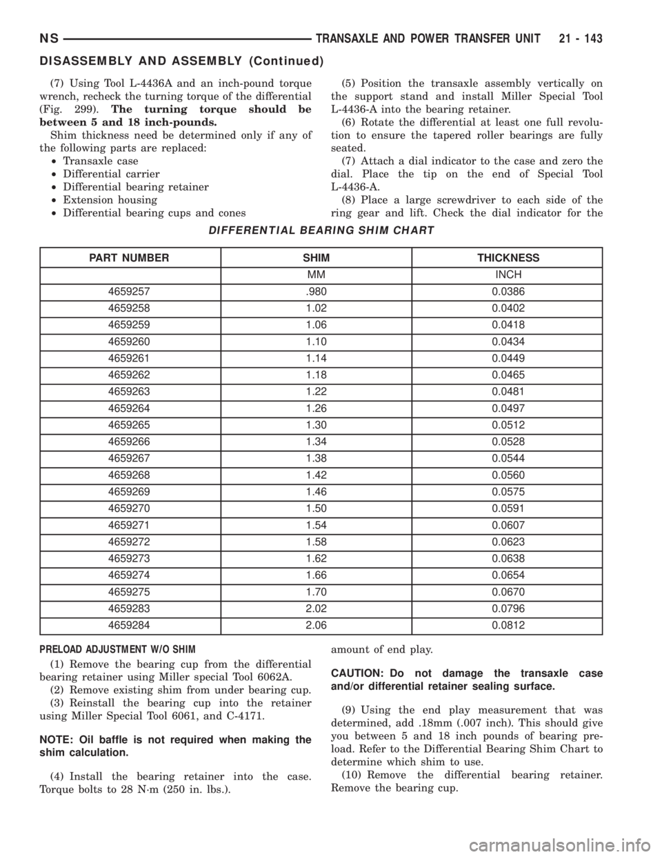 CHRYSLER VOYAGER 1996  Service Manual (7) Using Tool L-4436A and an inch-pound torque
wrench, recheck the turning torque of the differential
(Fig. 299).The turning torque should be
between 5 and 18 inch-pounds.
Shim thickness need be dete