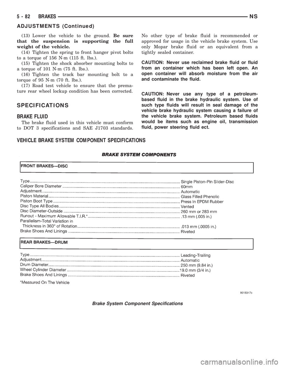 CHRYSLER VOYAGER 1996  Service Manual (13) Lower the vehicle to the ground.Be sure
that the suspension is supporting the full
weight of the vehicle.
(14) Tighten the spring to front hanger pivot bolts
to a torque of 156 N´m (115 ft. lbs.