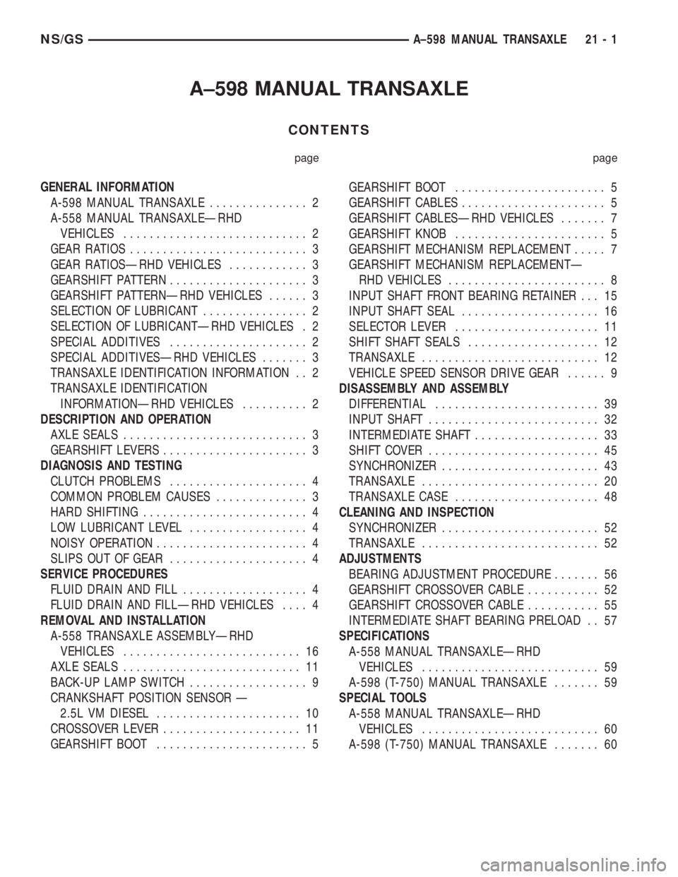 CHRYSLER VOYAGER 1996 Service Manual A±598 MANUAL TRANSAXLE
CONTENTS
page page
GENERAL INFORMATION
A-598 MANUAL TRANSAXLE............... 2
A-558 MANUAL TRANSAXLEÐRHD
VEHICLES............................ 2
GEAR RATIOS................... CHRYSLER VOYAGER 1996 Service Manual A±598 MANUAL TRANSAXLE
CONTENTS
page page
GENERAL INFORMATION
A-598 MANUAL TRANSAXLE............... 2
A-558 MANUAL TRANSAXLEÐRHD
VEHICLES............................ 2
GEAR RATIOS...................