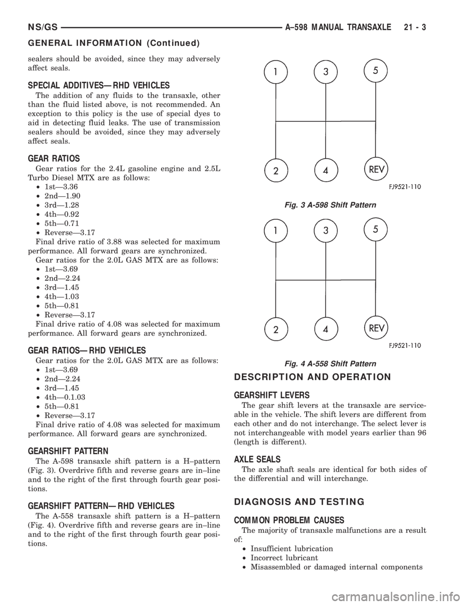 CHRYSLER VOYAGER 1996 Owners Guide sealers should be avoided, since they may adversely
affect seals.
SPECIAL ADDITIVESÐRHD VEHICLES
The addition of any fluids to the transaxle, other
than the fluid listed above, is not recommended. An CHRYSLER VOYAGER 1996 Owners Guide sealers should be avoided, since they may adversely
affect seals.
SPECIAL ADDITIVESÐRHD VEHICLES
The addition of any fluids to the transaxle, other
than the fluid listed above, is not recommended. An