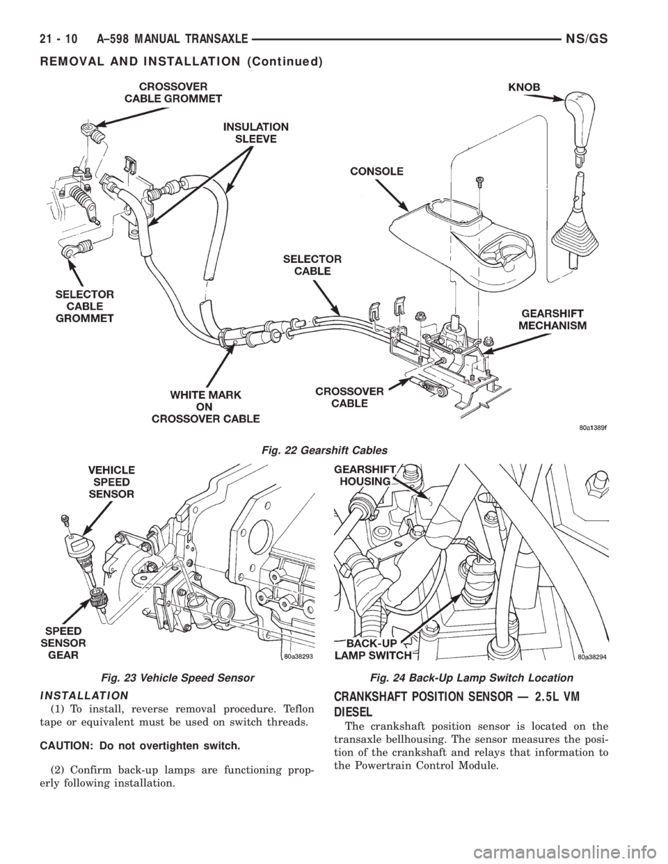 CHRYSLER VOYAGER 1996 Service Manual INSTALLATION
(1) To install, reverse removal procedure. Teflon
tape or equivalent must be used on switch threads.
CAUTION: Do not overtighten switch.
(2) Confirm back-up lamps are functioning prop-
er CHRYSLER VOYAGER 1996 Service Manual INSTALLATION
(1) To install, reverse removal procedure. Teflon
tape or equivalent must be used on switch threads.
CAUTION: Do not overtighten switch.
(2) Confirm back-up lamps are functioning prop-
er