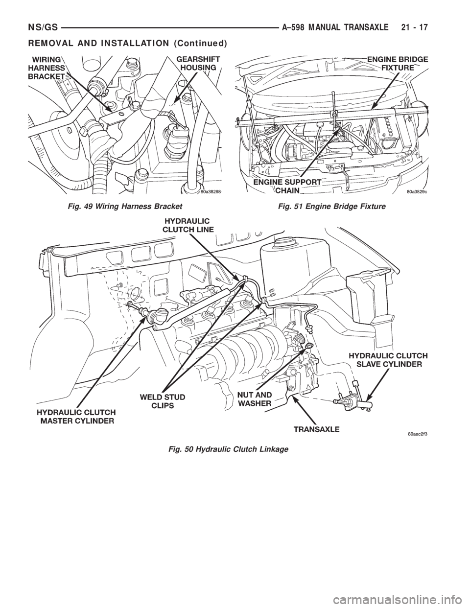 CHRYSLER VOYAGER 1996 Service Manual Fig. 49 Wiring Harness Bracket
Fig. 50 Hydraulic Clutch Linkage
Fig. 51 Engine Bridge Fixture
NS/GSA±598 MANUAL TRANSAXLE 21 - 17
REMOVAL AND INSTALLATION (Continued) CHRYSLER VOYAGER 1996 Service Manual Fig. 49 Wiring Harness Bracket
Fig. 50 Hydraulic Clutch Linkage
Fig. 51 Engine Bridge Fixture
NS/GSA±598 MANUAL TRANSAXLE 21 - 17
REMOVAL AND INSTALLATION (Continued)