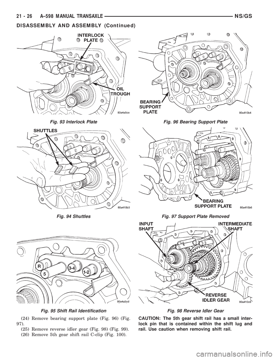 CHRYSLER VOYAGER 1996 Service Manual (24) Remove bearing support plate (Fig. 96) (Fig.
97).
(25) Remove reverse idler gear (Fig. 98) (Fig. 99).
(26) Remove 5th gear shift rail C-clip (Fig. 100).CAUTION: The 5th gear shift rail has a smal CHRYSLER VOYAGER 1996 Service Manual (24) Remove bearing support plate (Fig. 96) (Fig.
97).
(25) Remove reverse idler gear (Fig. 98) (Fig. 99).
(26) Remove 5th gear shift rail C-clip (Fig. 100).CAUTION: The 5th gear shift rail has a smal