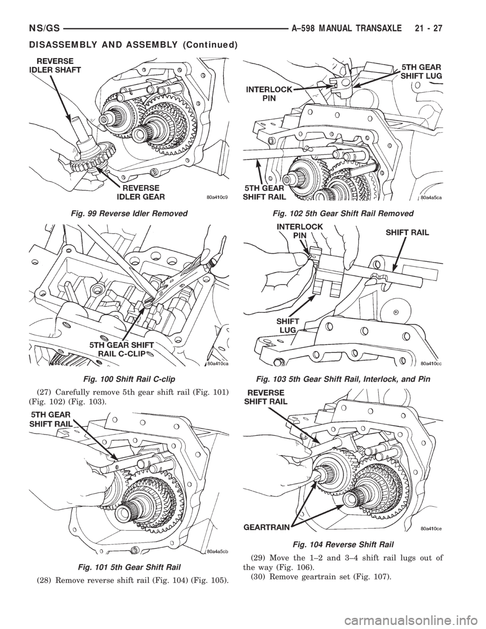 CHRYSLER VOYAGER 1996 Service Manual (27) Carefully remove 5th gear shift rail (Fig. 101)
(Fig. 102) (Fig. 103).
(28) Remove reverse shift rail (Fig. 104) (Fig. 105).(29) Move the 1±2 and 3±4 shift rail lugs out of
the way (Fig. 106).
CHRYSLER VOYAGER 1996 Service Manual (27) Carefully remove 5th gear shift rail (Fig. 101)
(Fig. 102) (Fig. 103).
(28) Remove reverse shift rail (Fig. 104) (Fig. 105).(29) Move the 1±2 and 3±4 shift rail lugs out of
the way (Fig. 106).