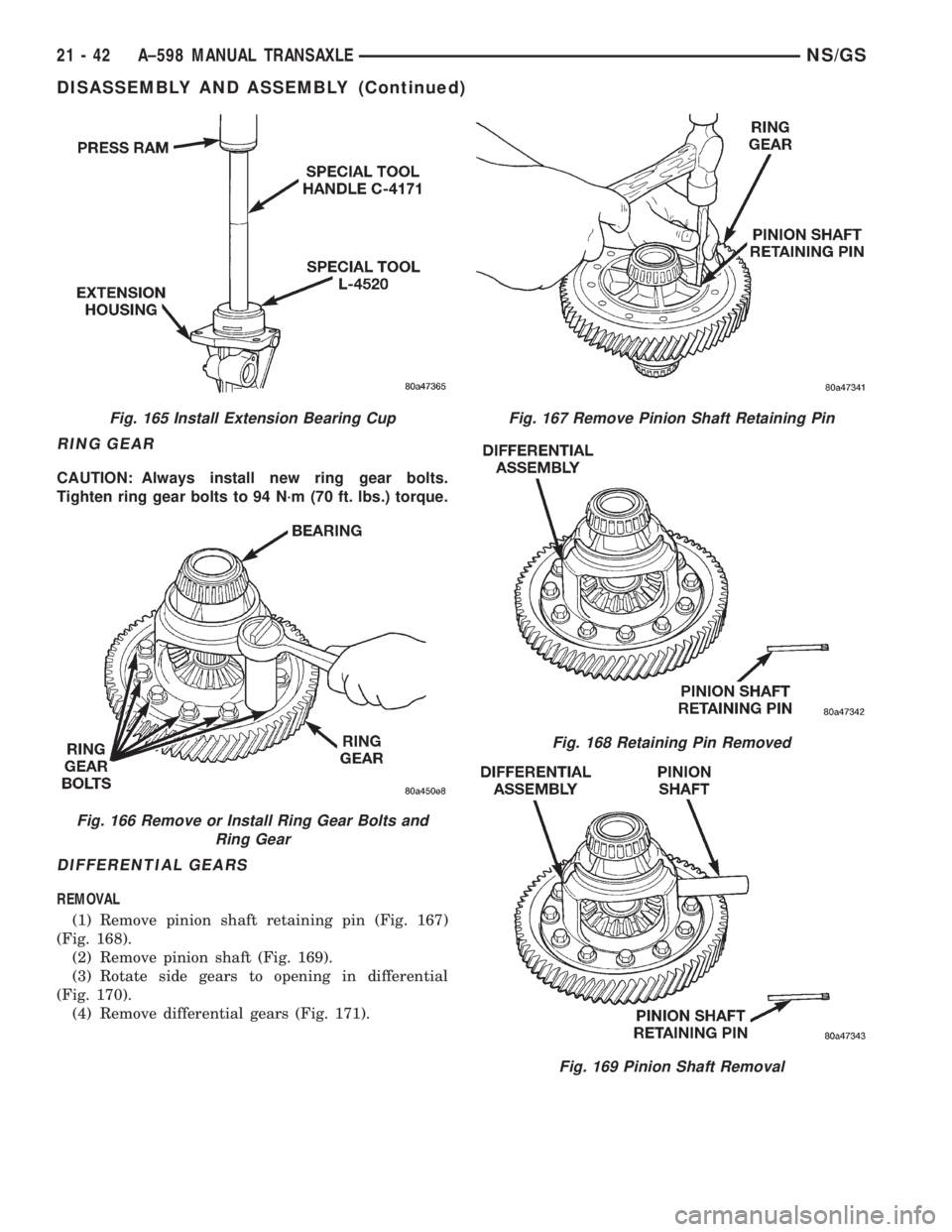 CHRYSLER VOYAGER 1996  Service Manual RING GEAR
CAUTION: Always install new ring gear bolts.
Tighten ring gear bolts to 94 N´m (70 ft. lbs.) torque.
DIFFERENTIAL GEARS
REMOVAL
(1) Remove pinion shaft retaining pin (Fig. 167)
(Fig. 168).
