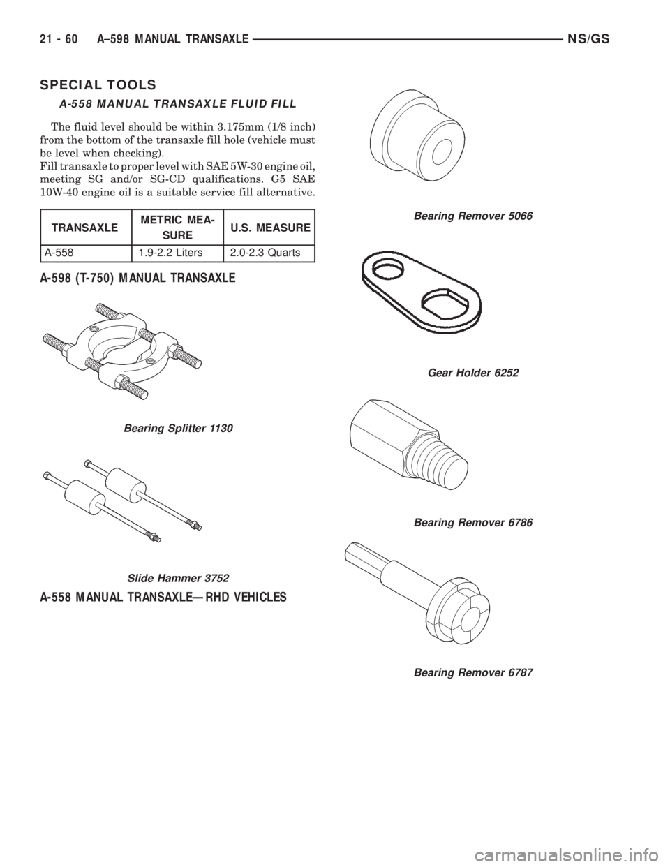 CHRYSLER VOYAGER 1996  Service Manual SPECIAL TOOLS
A-598 (T-750) MANUAL TRANSAXLE
A-558 MANUAL TRANSAXLEÐRHD VEHICLES
A-558 MANUAL TRANSAXLE FLUID FILL
The fluid level should be within 3.175mm (1/8 inch)
from the bottom of the transaxle