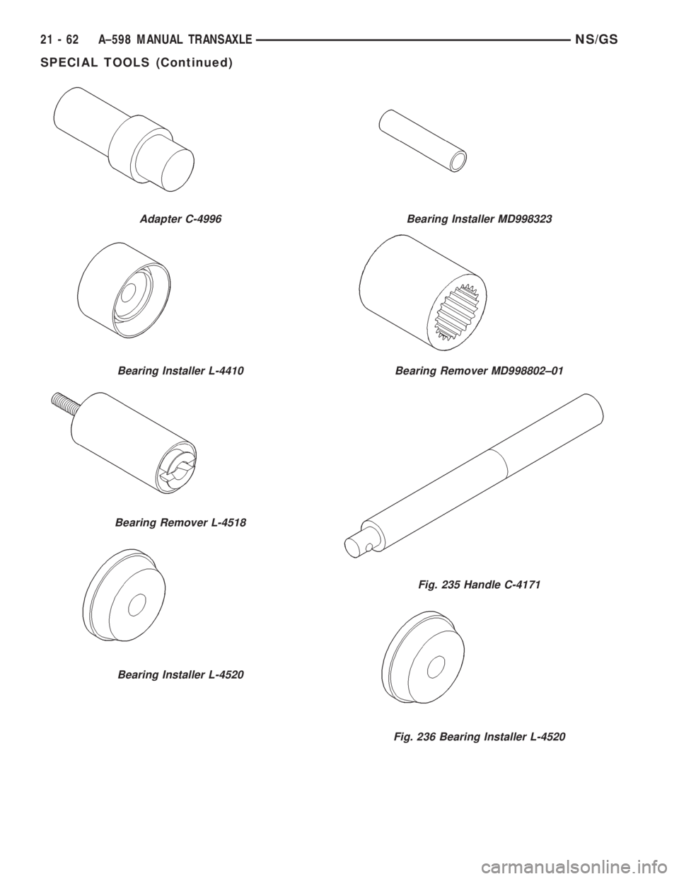 CHRYSLER VOYAGER 1996  Service Manual Adapter C-4996
Bearing Installer L-4410
Bearing Remover L-4518
Bearing Installer L-4520
Bearing Installer MD998323
Bearing Remover MD998802±01
Fig. 235 Handle C-4171
Fig. 236 Bearing Installer L-4520